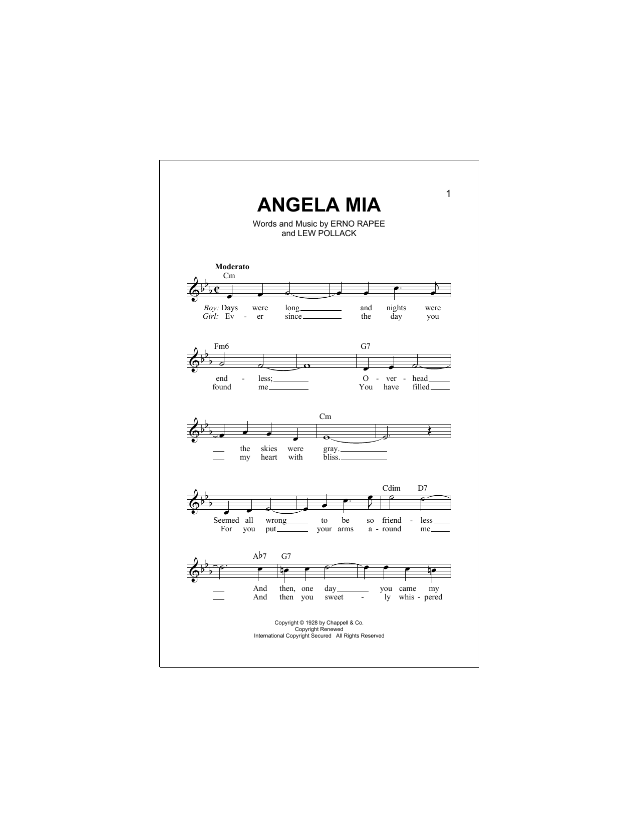 Download Erno Rapee Angela Mia Sheet Music and learn how to play Melody Line, Lyrics & Chords PDF digital score in minutes