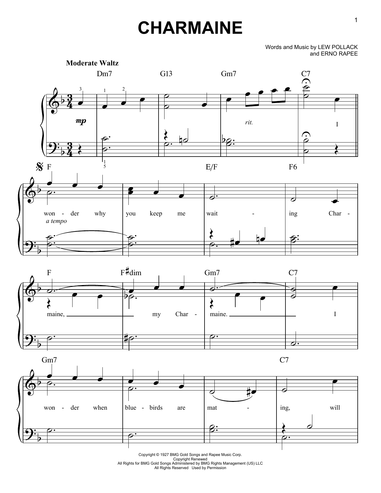 Download Erno Rapee Charmaine Sheet Music and learn how to play Easy Piano PDF digital score in minutes