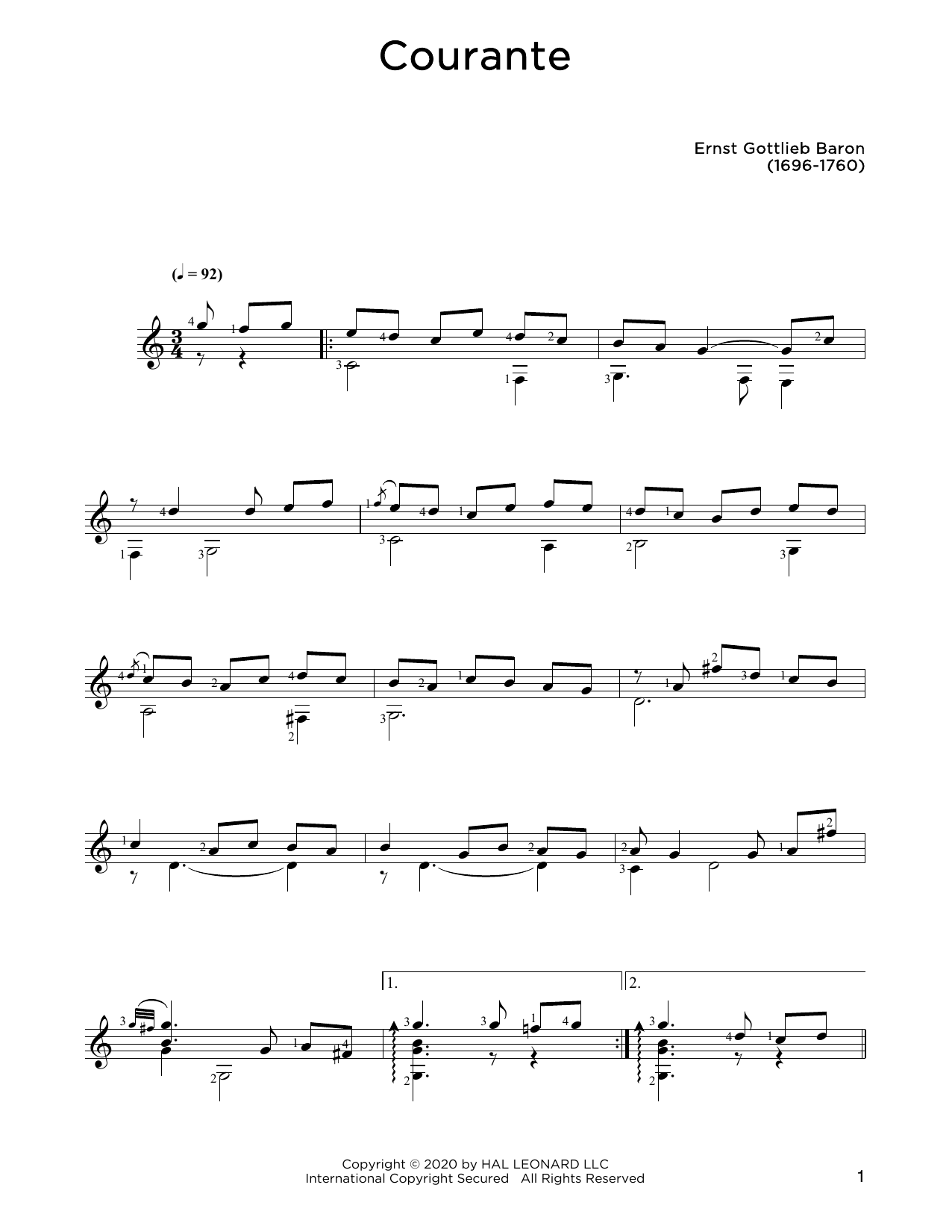 Download Ernst Gottlieb Baron Courante Sheet Music and learn how to play Solo Guitar PDF digital score in minutes