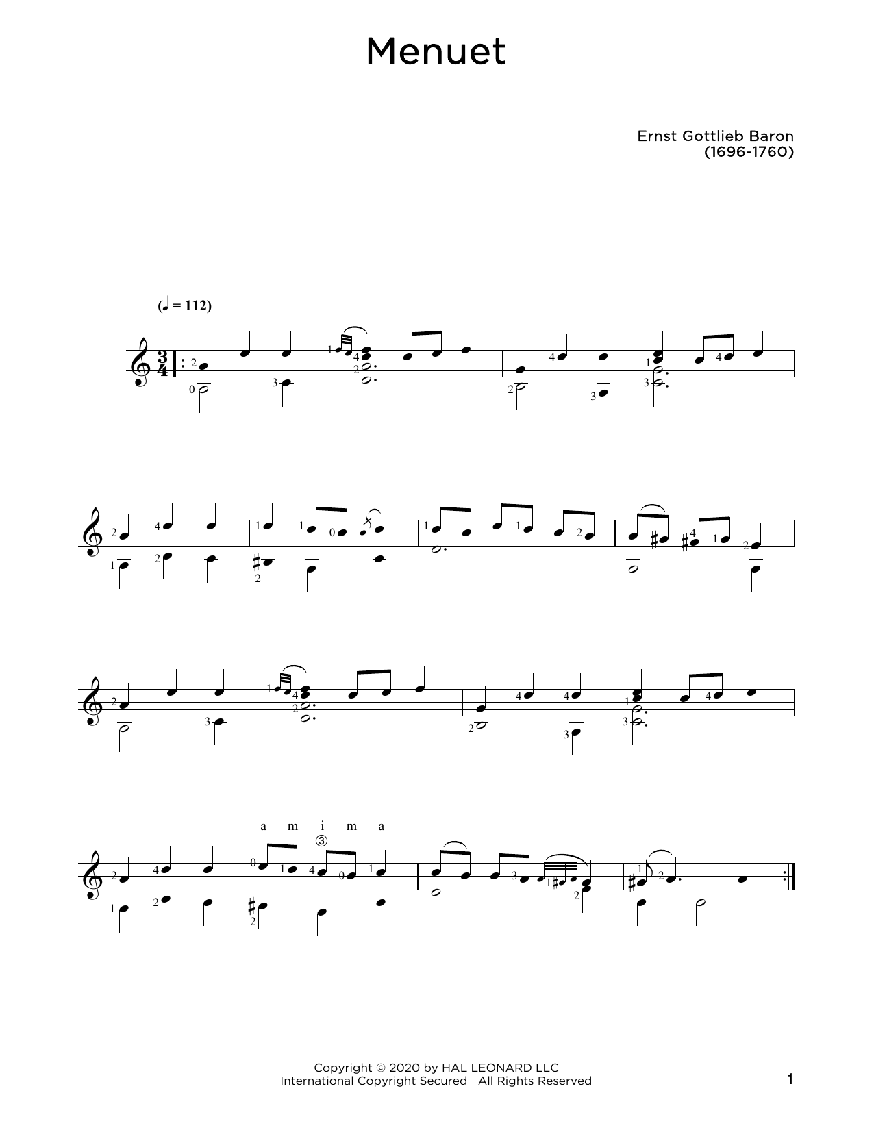 Download Ernst Gottlieb Baron Menuet Sheet Music and learn how to play Solo Guitar PDF digital score in minutes