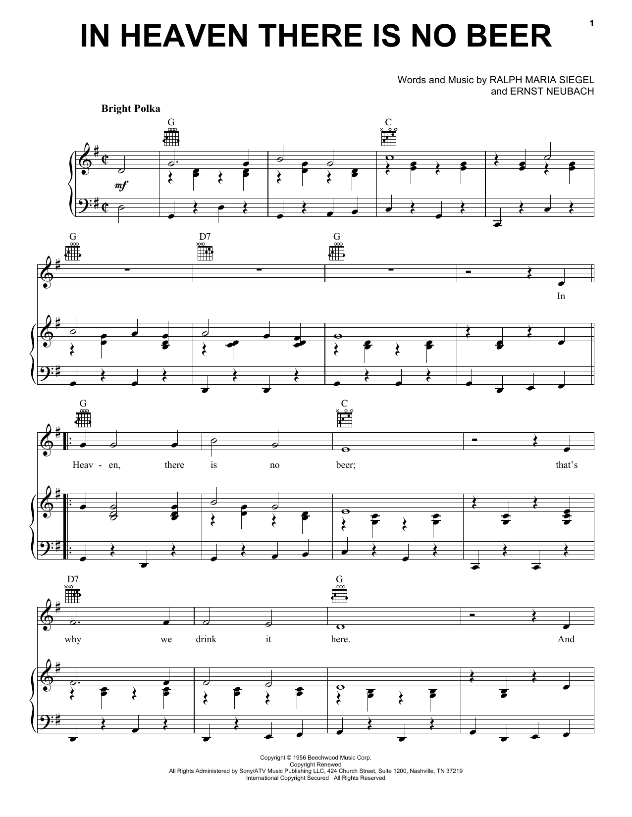 Download Ernst Neubach In Heaven There Is No Beer Sheet Music and learn how to play Piano, Vocal & Guitar (Right-Hand Melody) PDF digital score in minutes