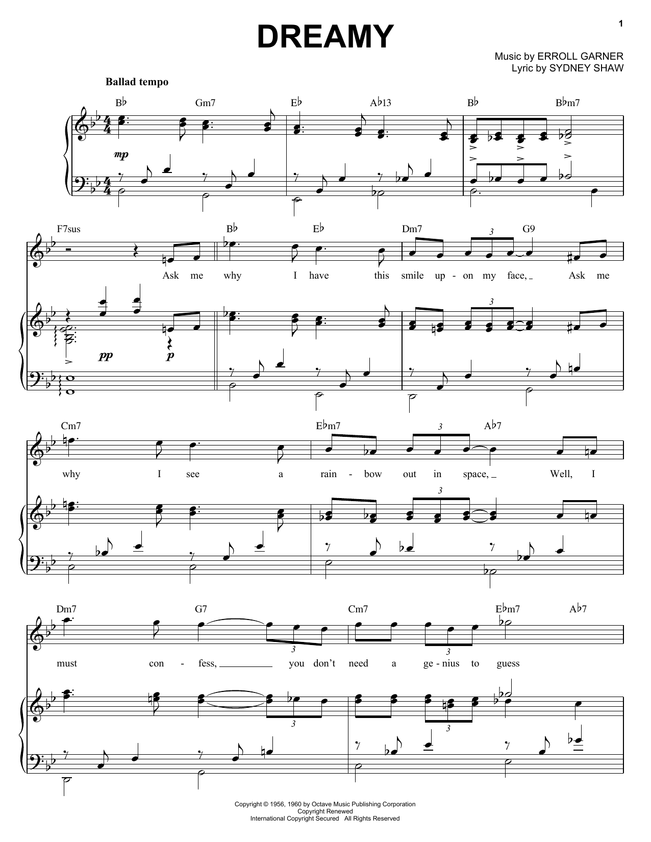 Download Erroll Garner Dreamy Sheet Music and learn how to play Piano, Vocal & Guitar (Right-Hand Melody) PDF digital score in minutes