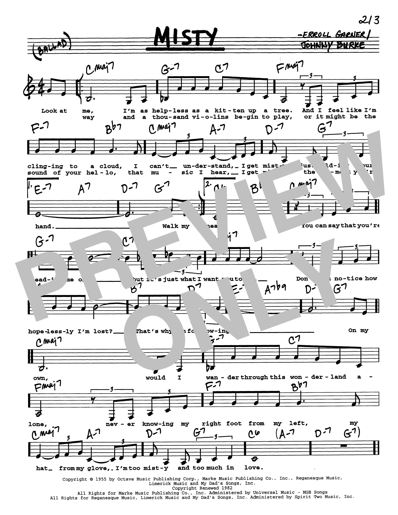 Download Erroll Garner Misty (Low Voice) Sheet Music and learn how to play Real Book – Melody, Lyrics & Chords PDF digital score in minutes