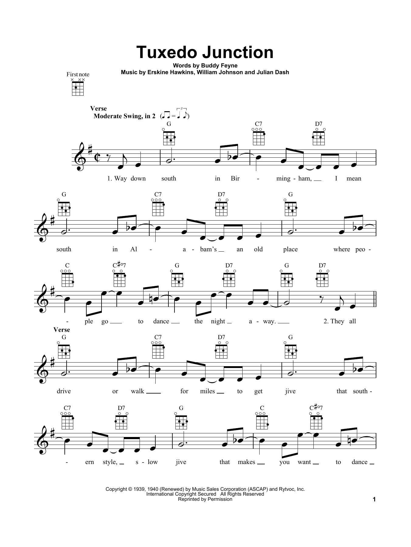 Download Erskine Hawkins Tuxedo Junction Sheet Music and learn how to play Ukulele PDF digital score in minutes