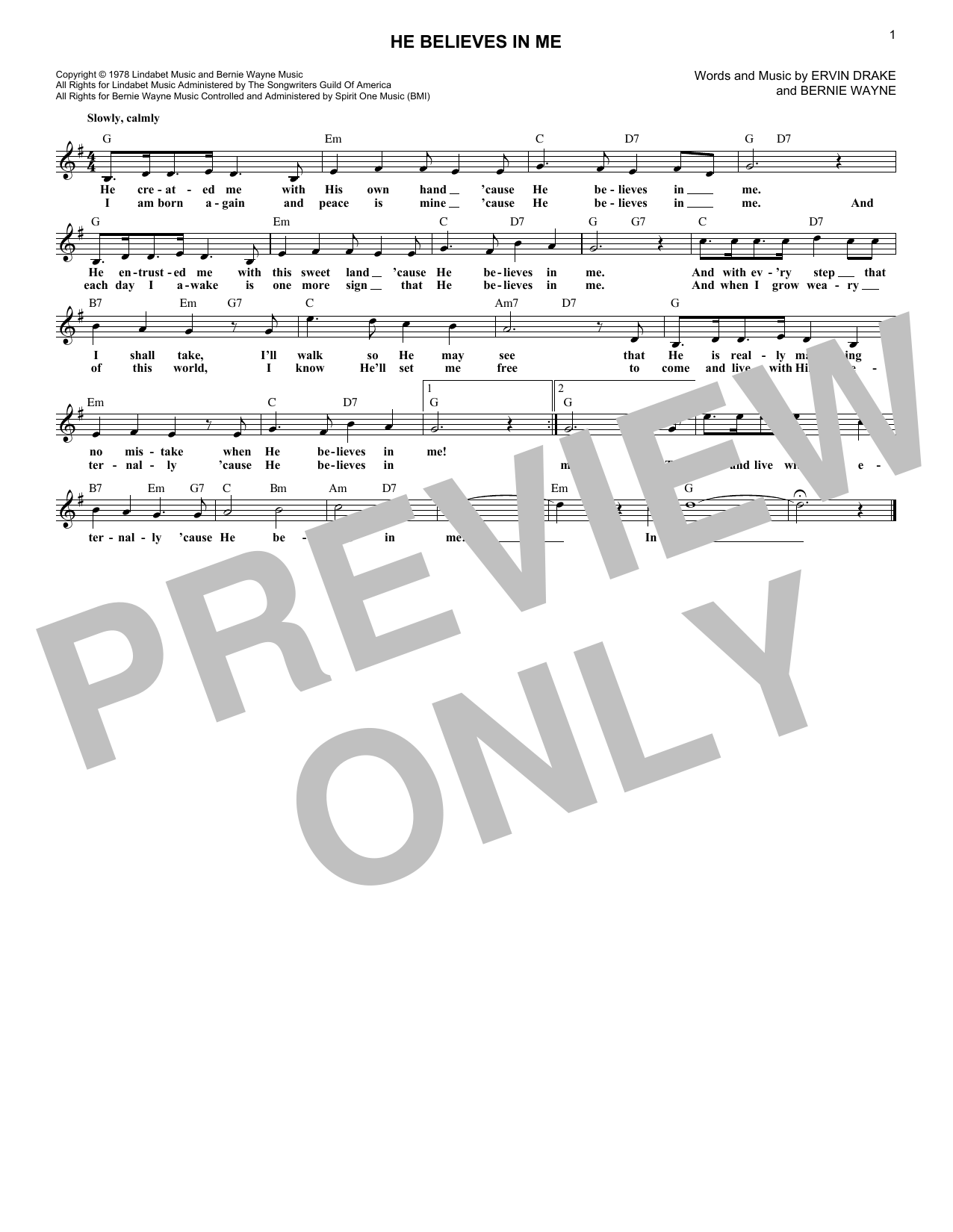 Download Ervin Drake He Believes In Me Sheet Music and learn how to play Melody Line, Lyrics & Chords PDF digital score in minutes