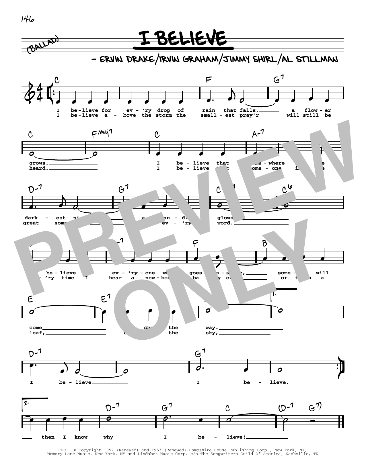 Download Ervin Drake I Believe (High Voice) Sheet Music and learn how to play Real Book – Melody, Lyrics & Chords PDF digital score in minutes
