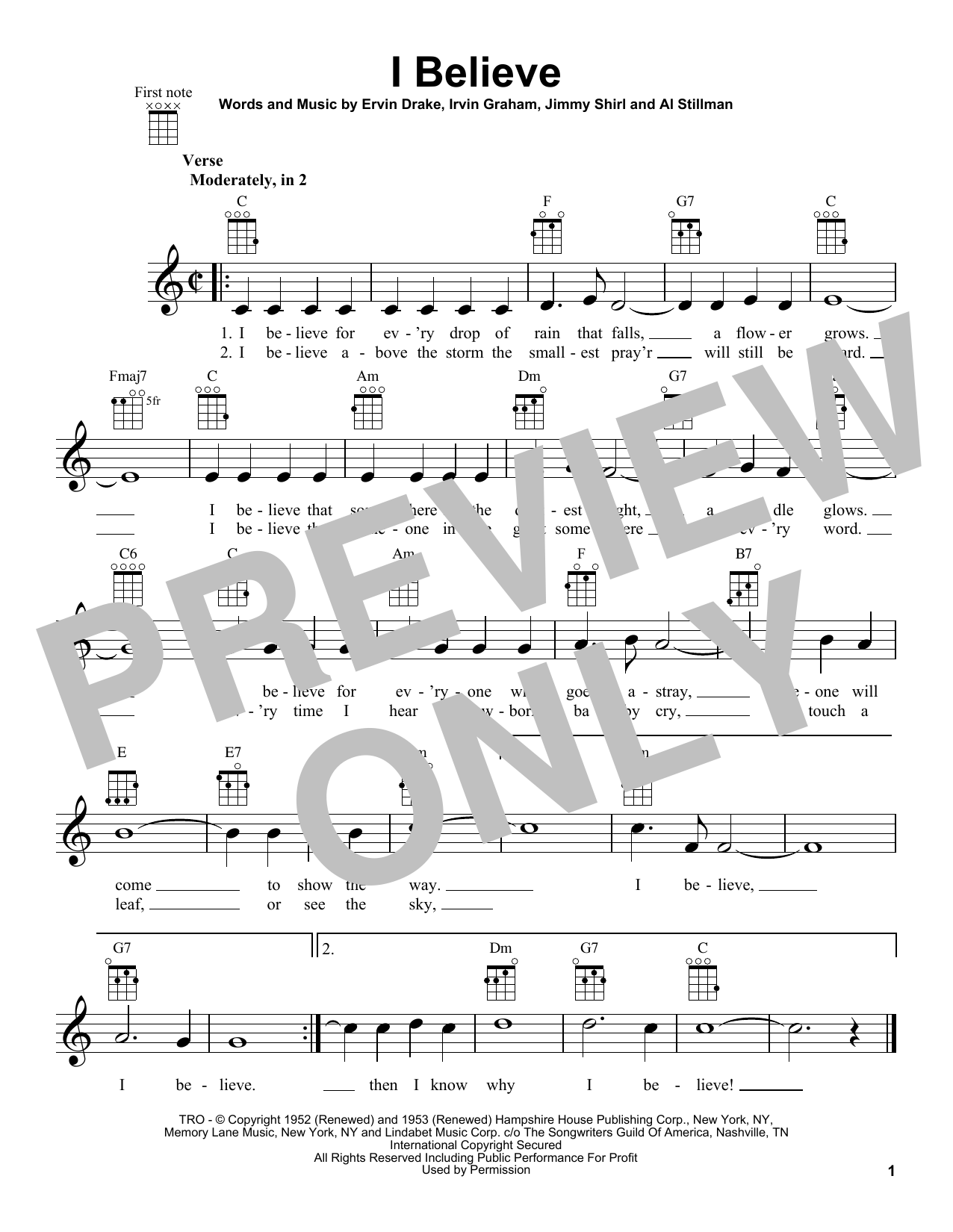 Download Ervin Drake I Believe Sheet Music and learn how to play Ukulele PDF digital score in minutes