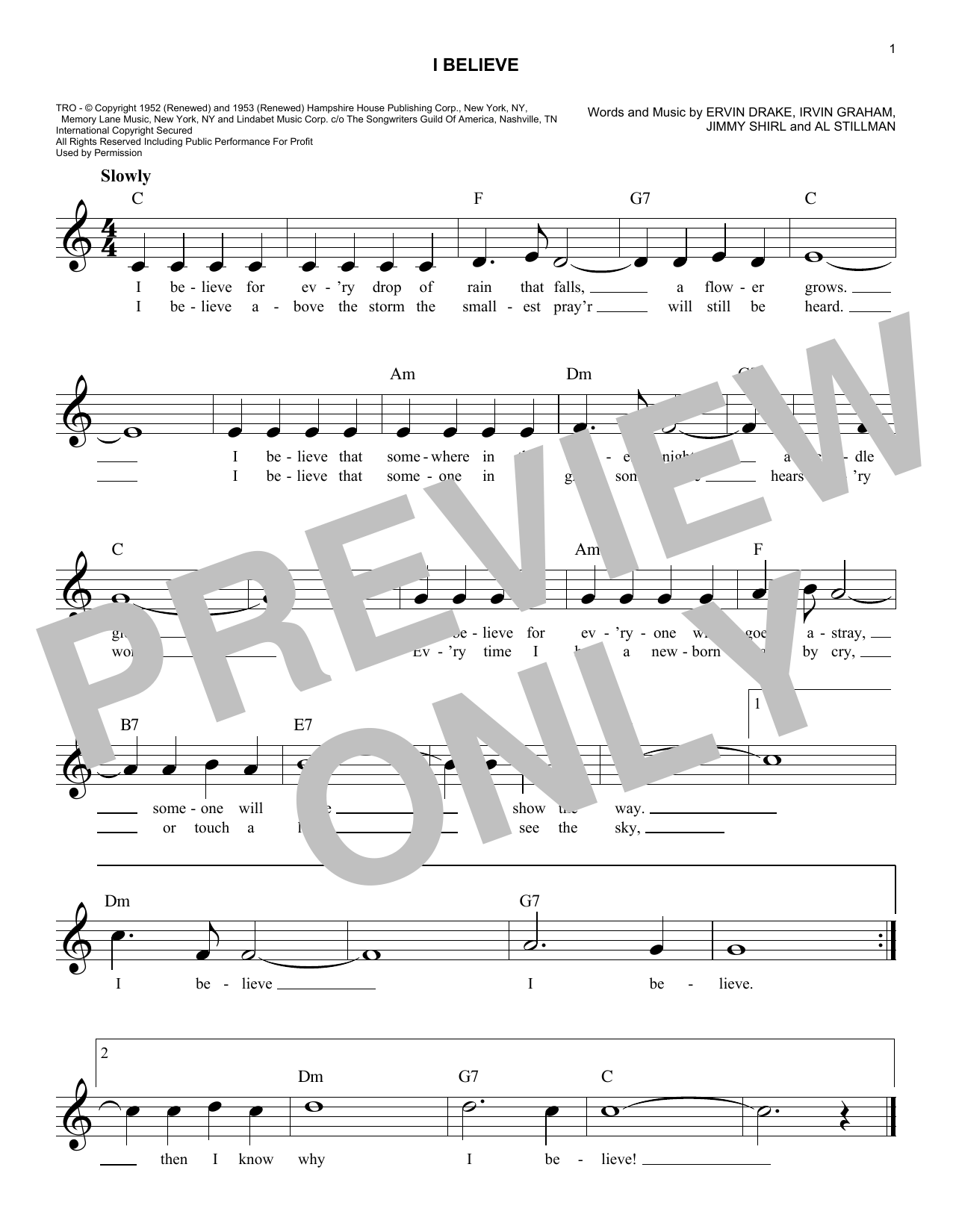 Download Ervin Drake, Irvin Graham, Jimmy Shirl and Al Stillman I Believe Sheet Music and learn how to play Lead Sheet / Fake Book PDF digital score in minutes