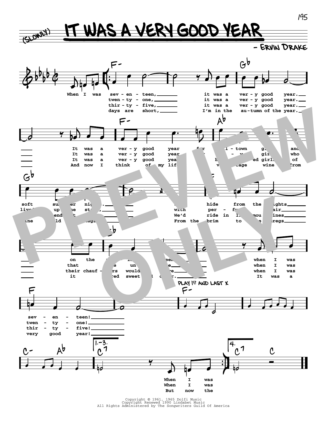 Download Ervin Drake It Was A Very Good Year (High Voice) Sheet Music and learn how to play Real Book – Melody, Lyrics & Chords PDF digital score in minutes