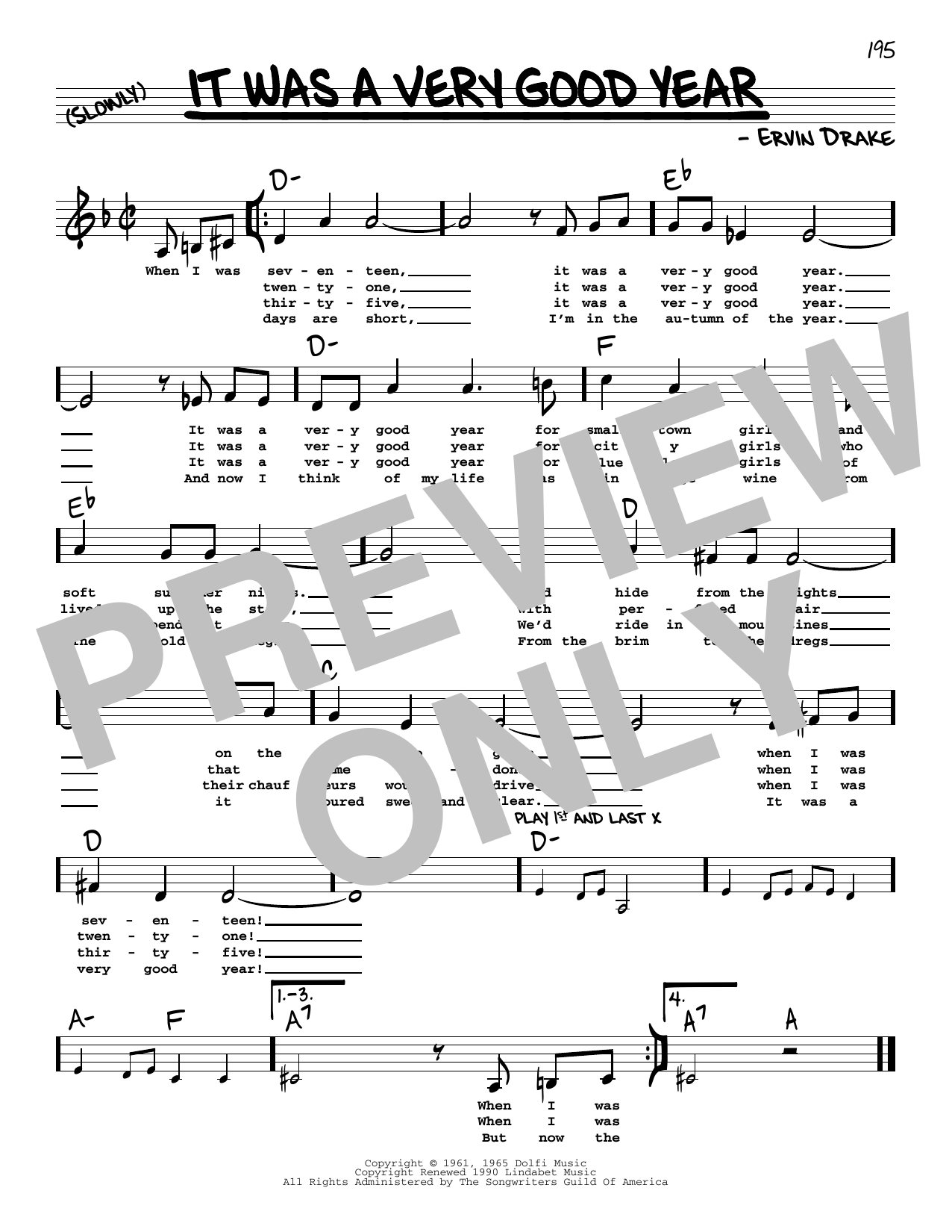 Download Ervin Drake It Was A Very Good Year (Low Voice) Sheet Music and learn how to play Real Book – Melody, Lyrics & Chords PDF digital score in minutes