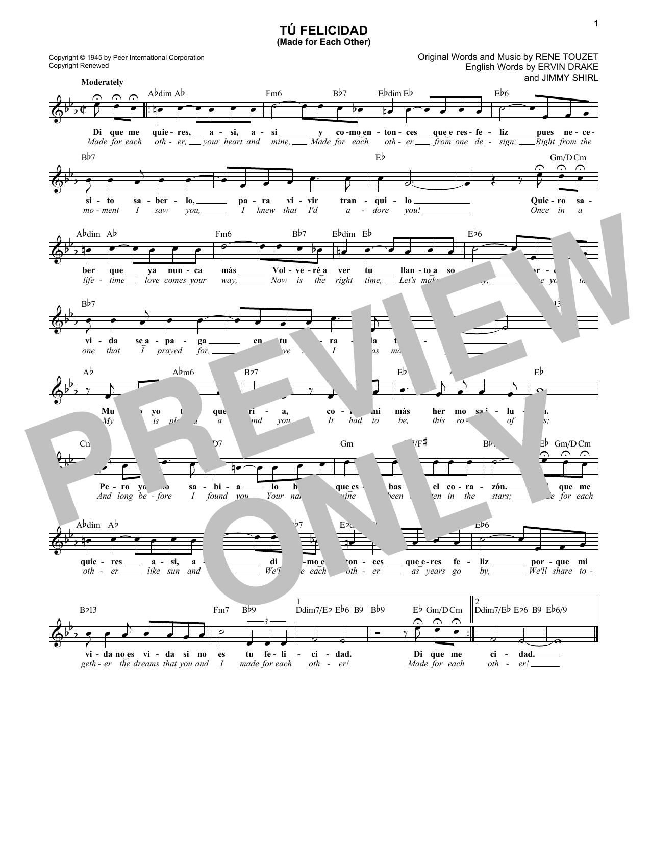 Download Ervin Drake Tu Felicidad (Made For Each Other) Sheet Music and learn how to play Melody Line, Lyrics & Chords PDF digital score in minutes
