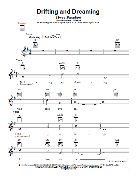 Download Erwin R. Schmidt Drifting And Dreaming (Sweet Paradise) Sheet Music and learn how to play Ukulele PDF digital score in minutes