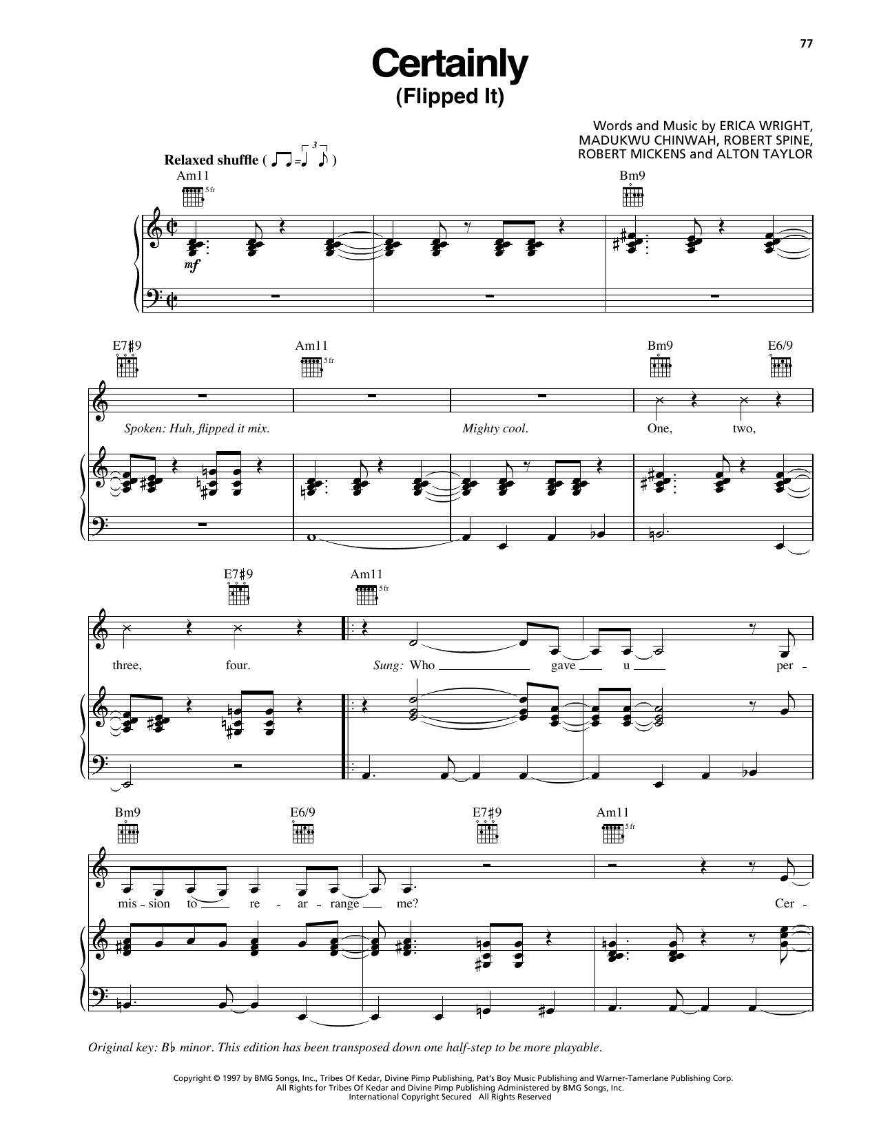 Download Erykah Badu Certainly (Flipped It) Sheet Music and learn how to play Piano, Vocal & Guitar Chords (Right-Hand Melody) PDF digital score in minutes