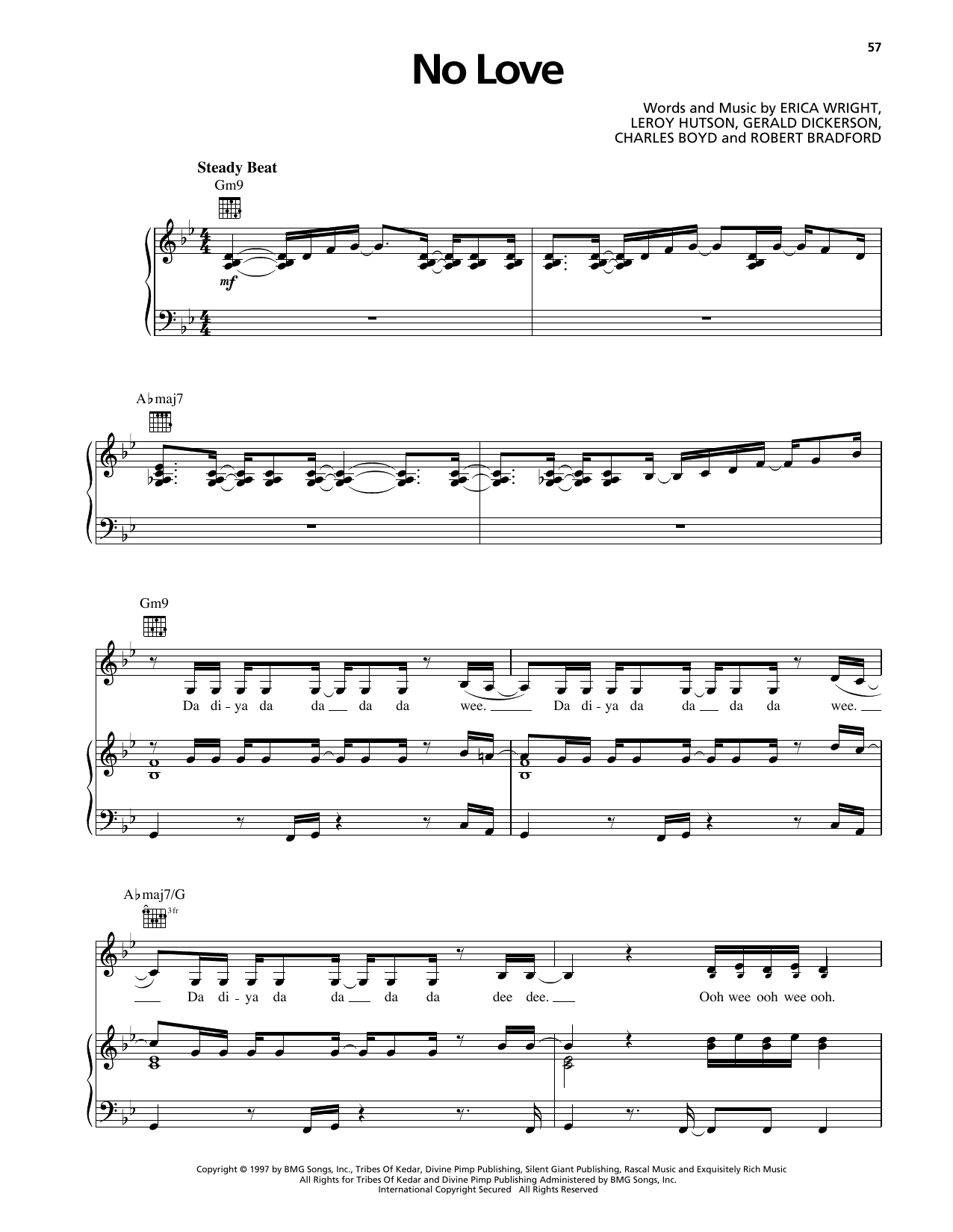 Download Erykah Badu No Love Sheet Music and learn how to play Piano, Vocal & Guitar Chords (Right-Hand Melody) PDF digital score in minutes