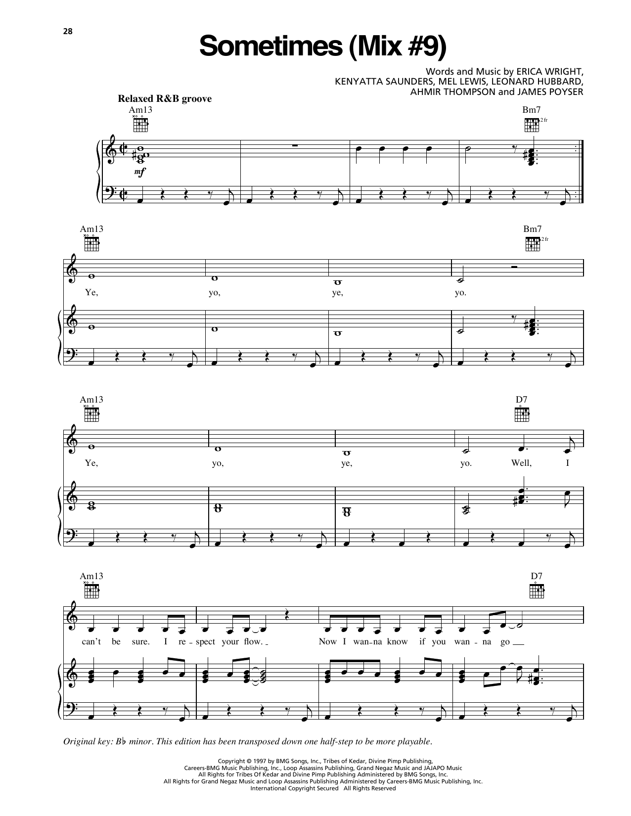 Download Erykah Badu Sometimes (Mix #9) Sheet Music and learn how to play Piano, Vocal & Guitar Chords (Right-Hand Melody) PDF digital score in minutes