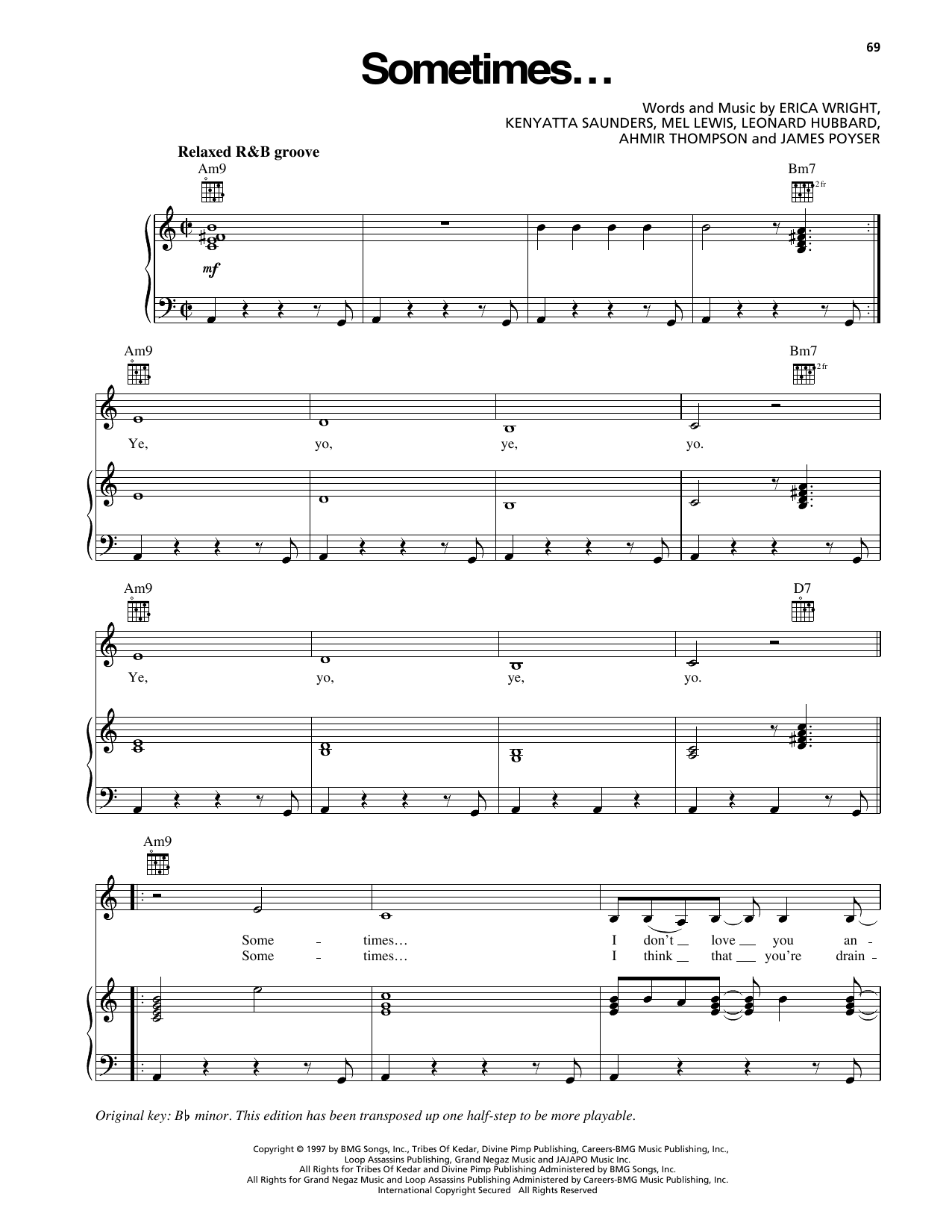 Download Erykah Badu Sometimes... Sheet Music and learn how to play Piano, Vocal & Guitar Chords (Right-Hand Melody) PDF digital score in minutes
