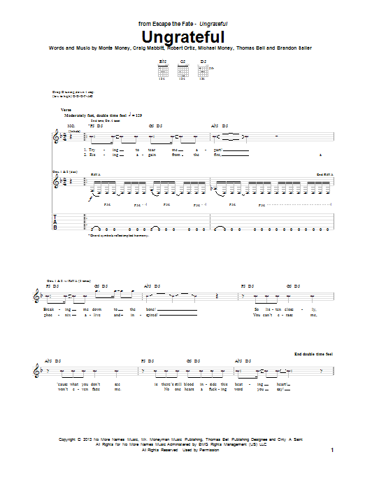 Download Escape The Fate Ungrateful Sheet Music and learn how to play Guitar Tab PDF digital score in minutes