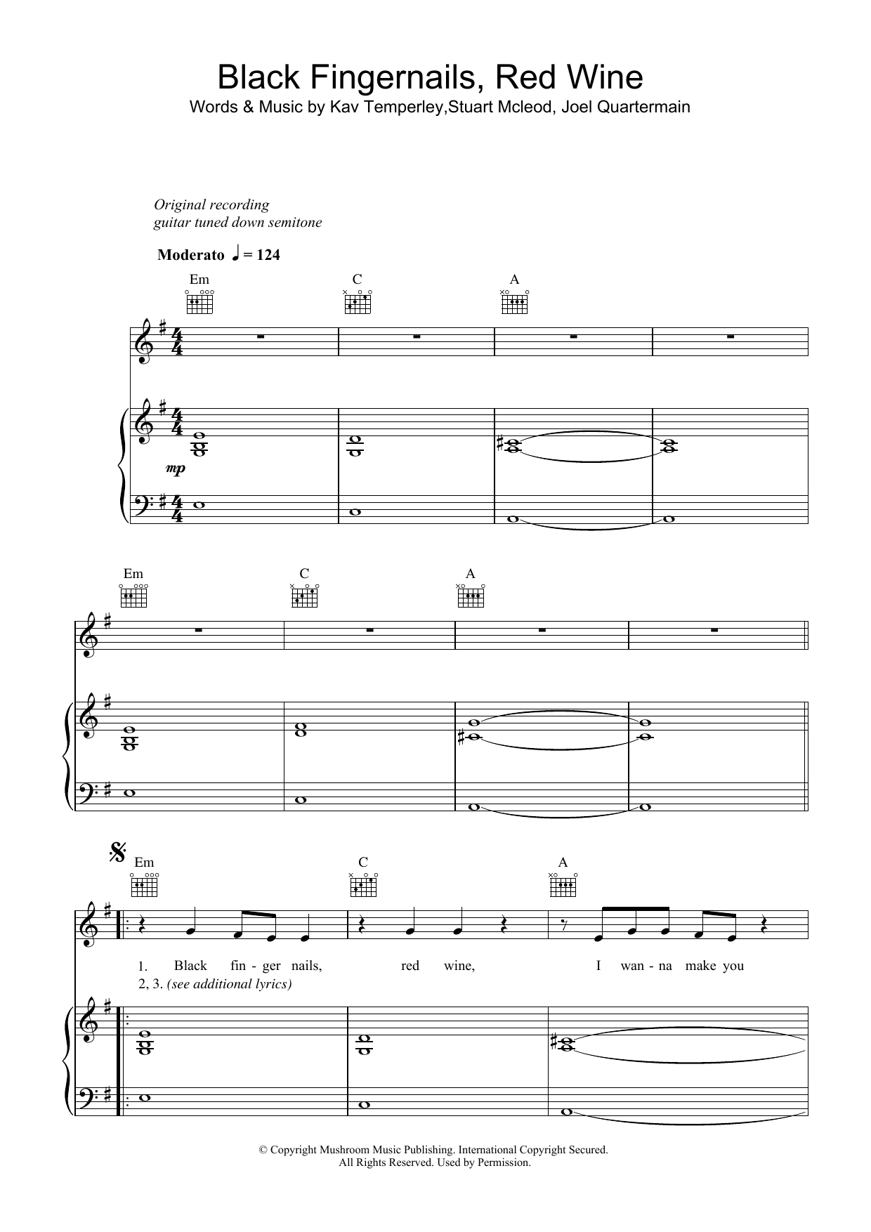 Download Eskimo Joe Black Fingernails, Red Wine Sheet Music and learn how to play Piano, Vocal & Guitar PDF digital score in minutes