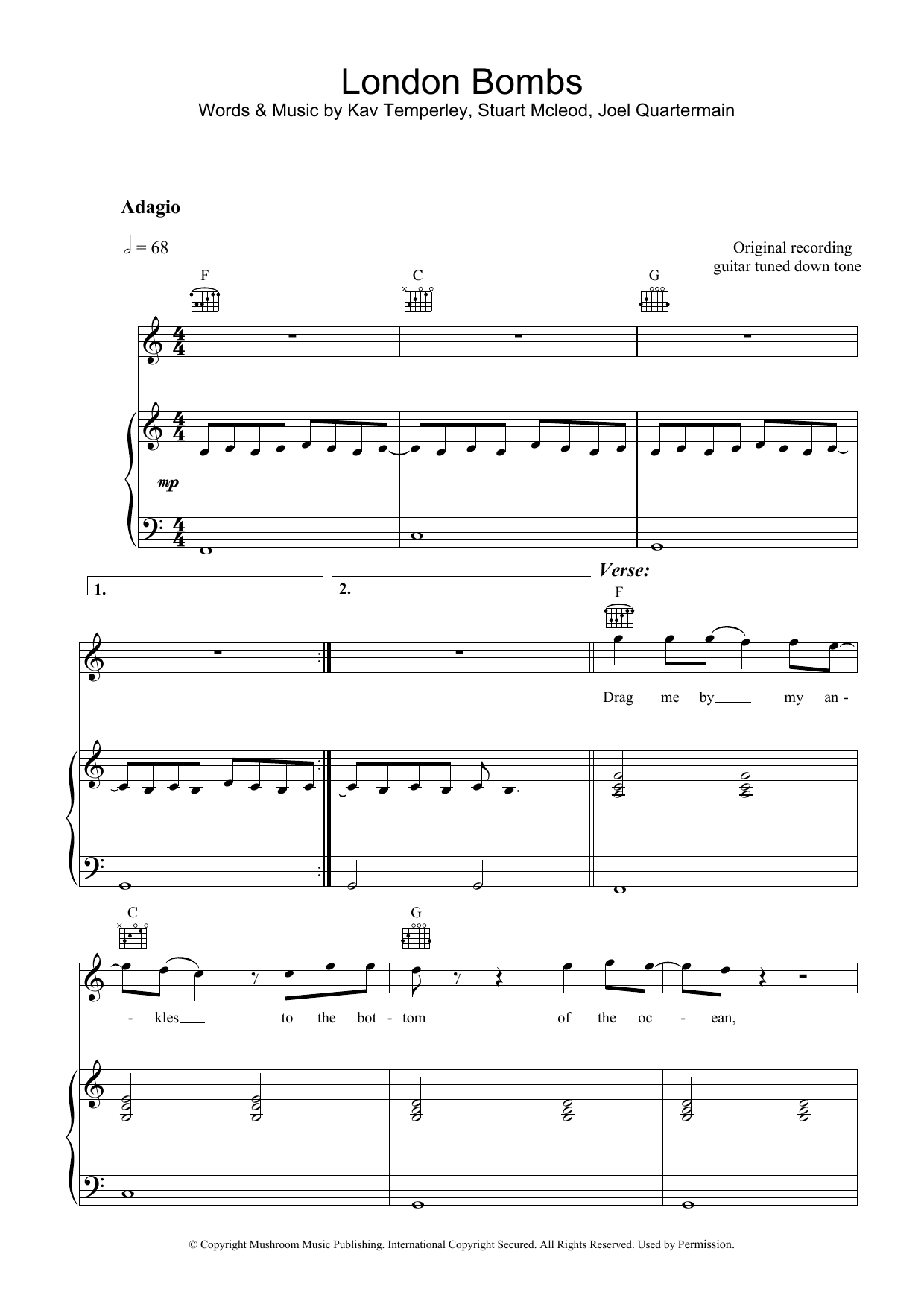 Download Eskimo Joe London Bombs Sheet Music and learn how to play Piano, Vocal & Guitar PDF digital score in minutes