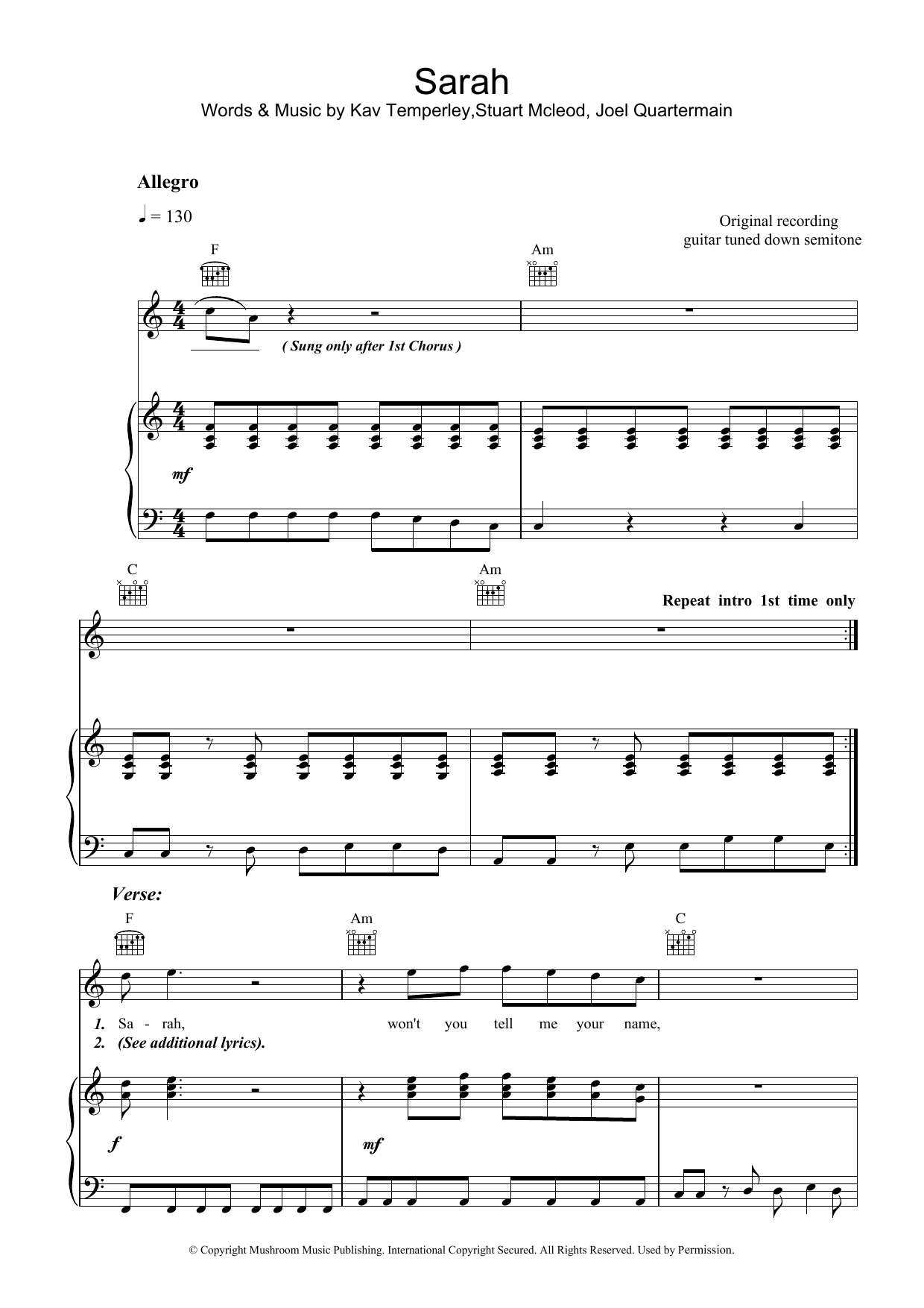 Download Eskimo Joe Sarah Sheet Music and learn how to play Piano, Vocal & Guitar (Right-Hand Melody) PDF digital score in minutes