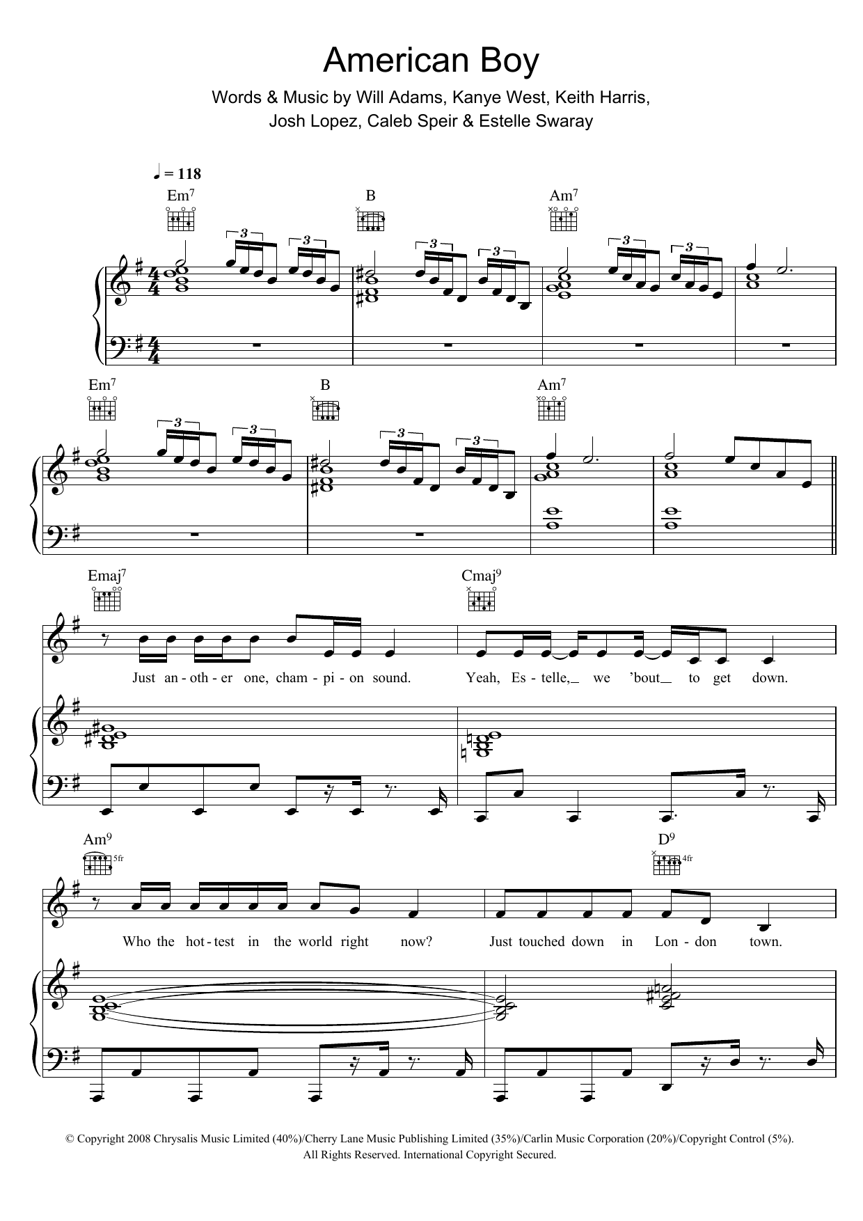 Download Estelle American Boy (feat. Kanye West) Sheet Music and learn how to play Piano, Vocal & Guitar PDF digital score in minutes