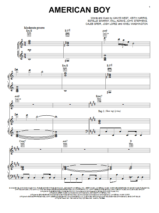 Download Estelle American Boy (feat. Kanye West) Sheet Music and learn how to play Piano, Vocal & Guitar (Right-Hand Melody) PDF digital score in minutes