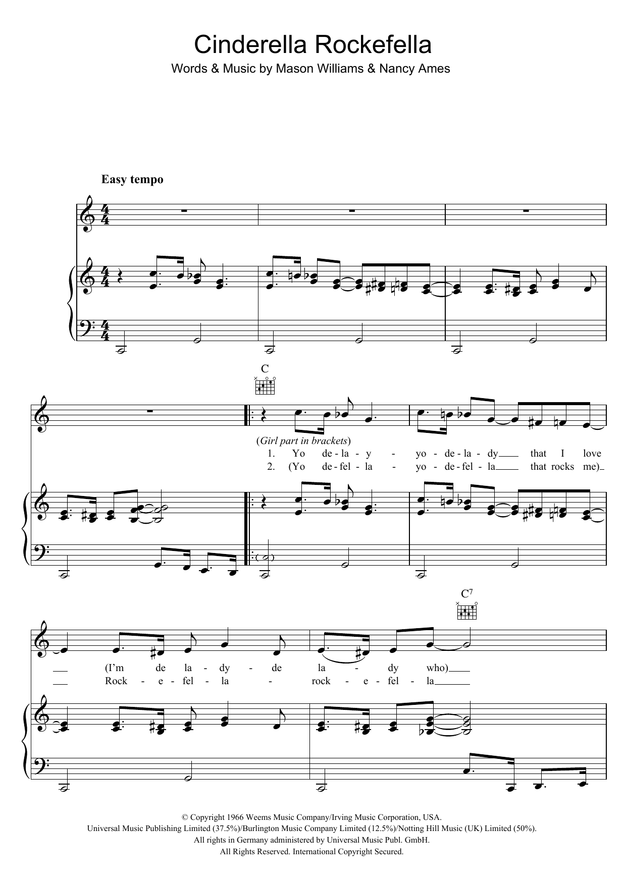 Download Esther & Abi Ofarim Cinderella Rockefella Sheet Music and learn how to play Piano, Vocal & Guitar (Right-Hand Melody) PDF digital score in minutes