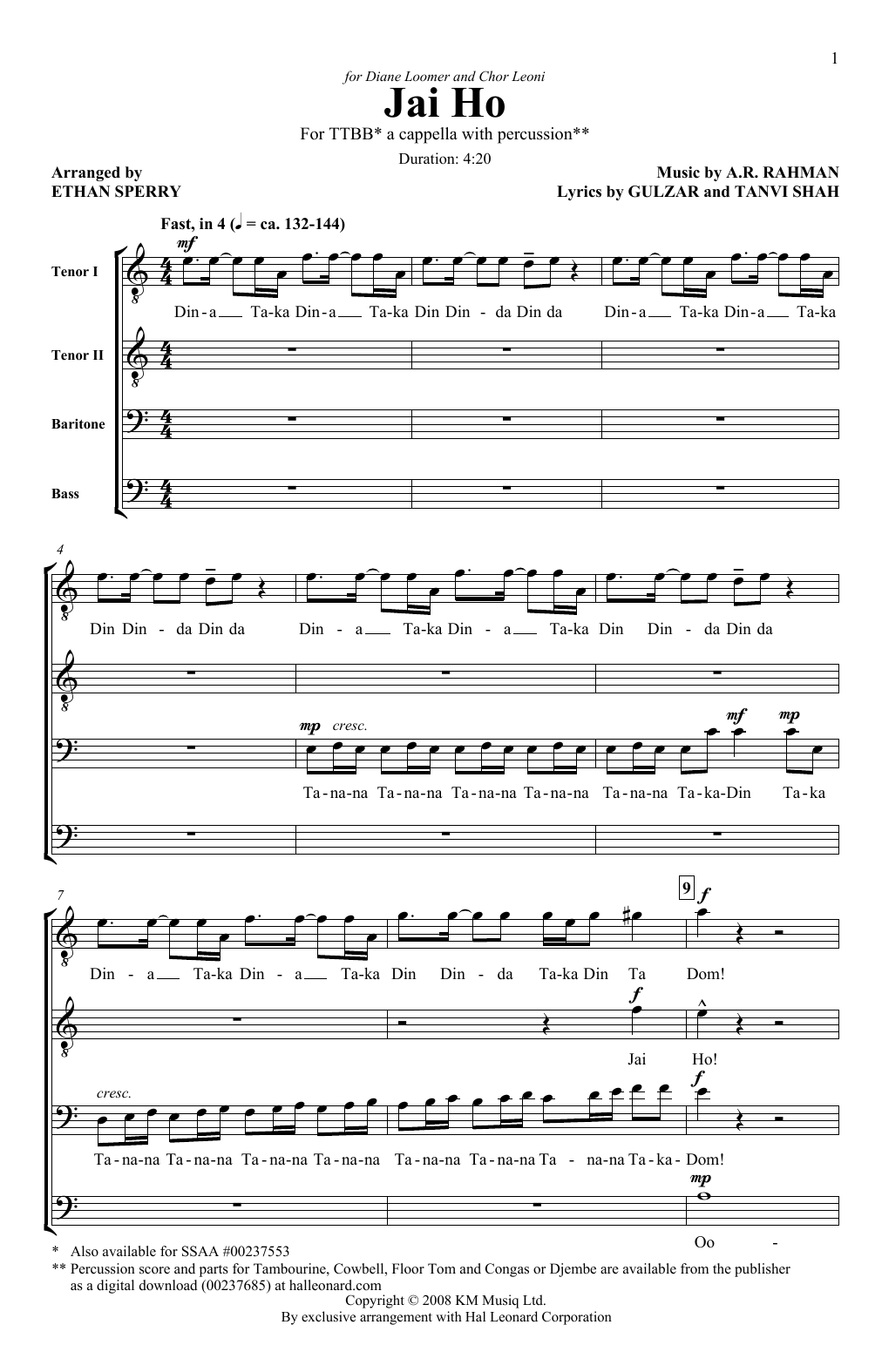 Download A. R. Rahman Jai Ho (arr. E Sperry) Sheet Music and learn how to play TTBB PDF digital score in minutes