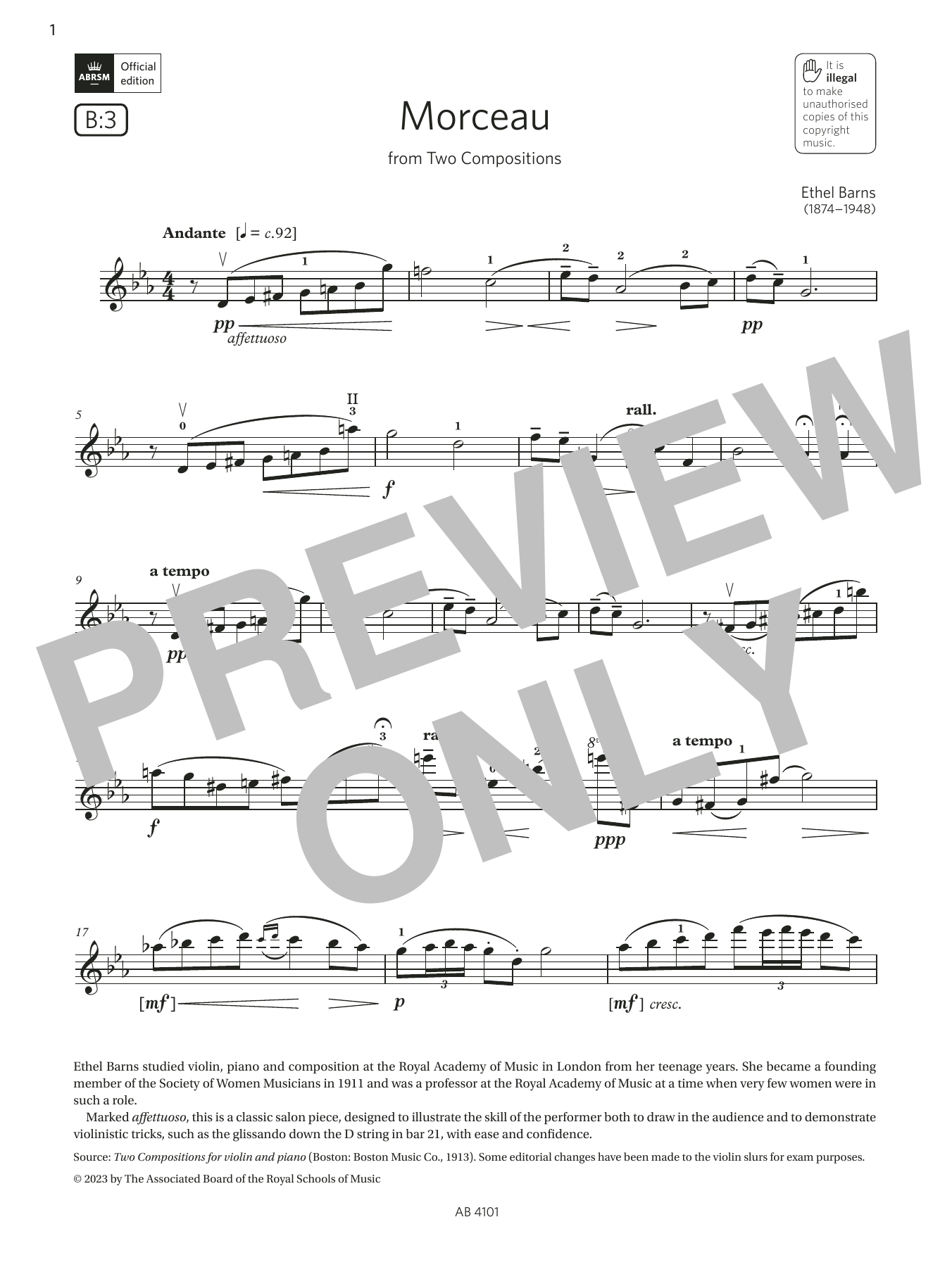 Download Ethel Barns Morceau (Grade 7, B3, from the ABRSM Violin Syllabus from 2024) Sheet Music and learn how to play Violin Solo PDF digital score in minutes