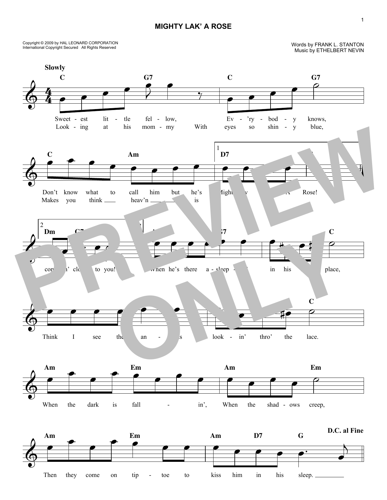 Download Ethelbert Nevin Mighty Lak' A Rose Sheet Music and learn how to play Melody Line, Lyrics & Chords PDF digital score in minutes