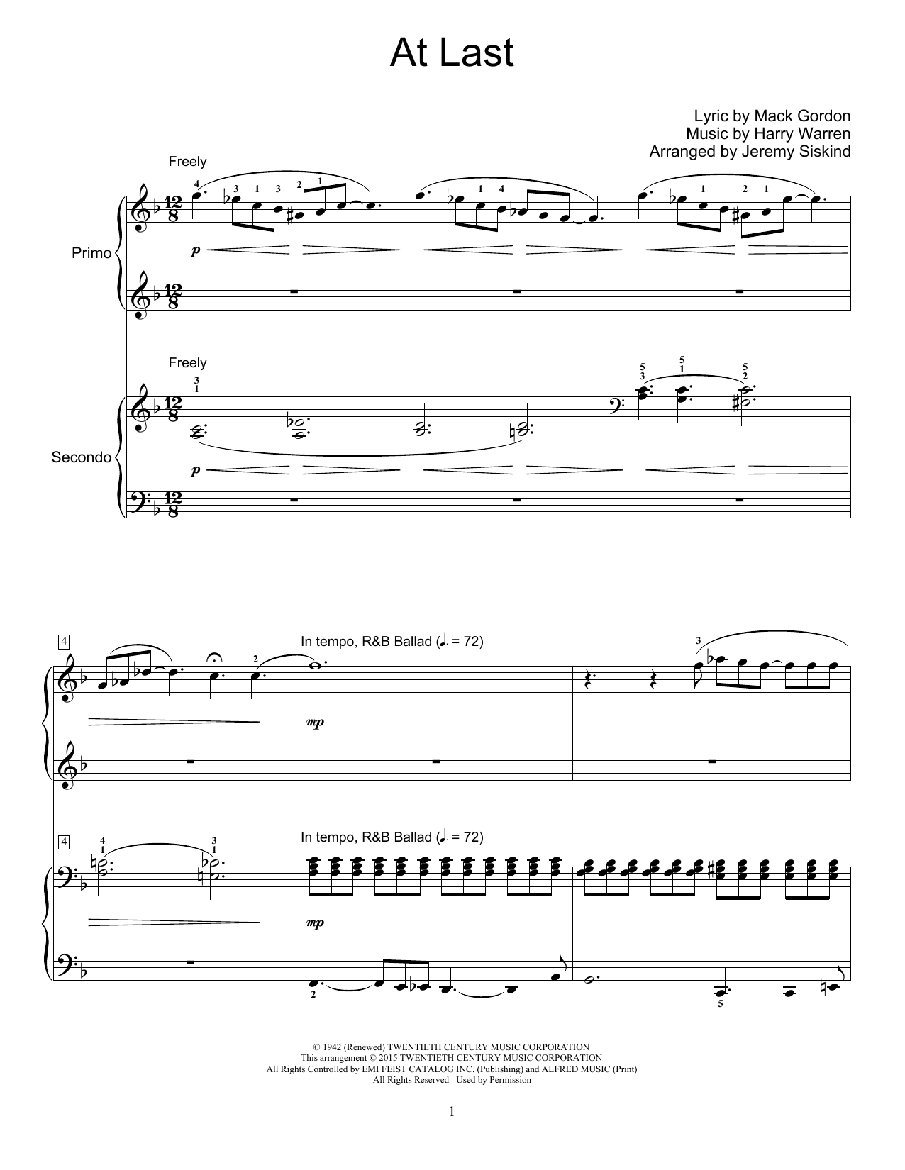 Download Jeremy Siskind At Last Sheet Music and learn how to play Piano Duet PDF digital score in minutes