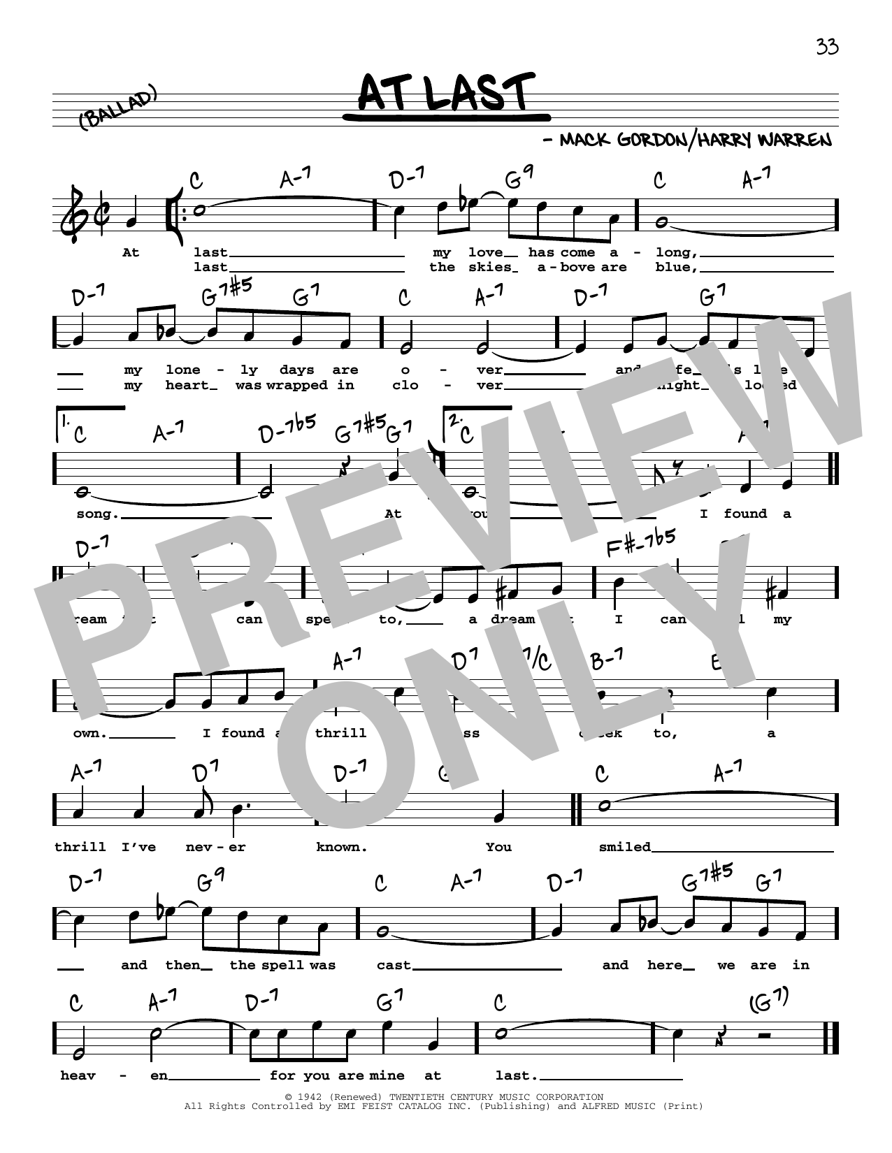 Download Etta James At Last (High Voice) Sheet Music and learn how to play Real Book – Melody, Lyrics & Chords PDF digital score in minutes