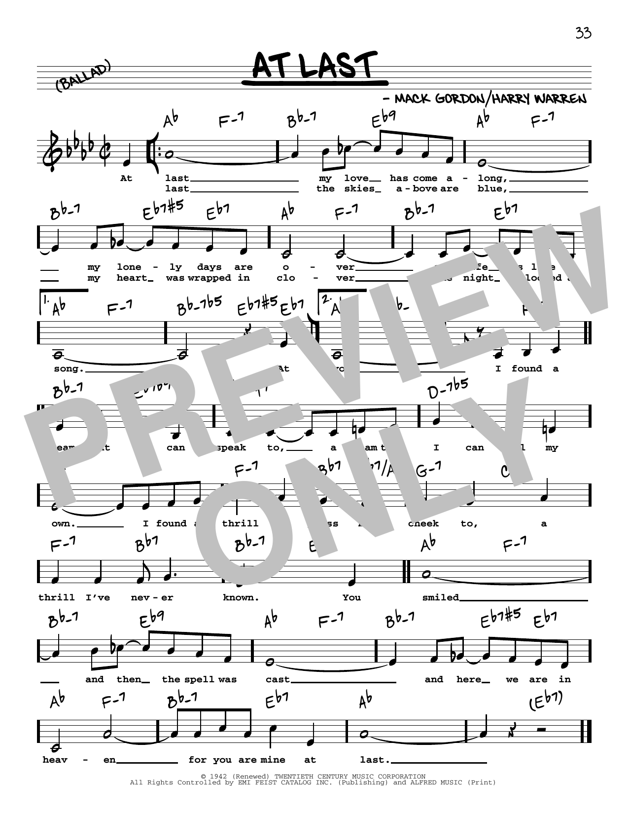 Download Etta James At Last (Low Voice) Sheet Music and learn how to play Real Book – Melody, Lyrics & Chords PDF digital score in minutes