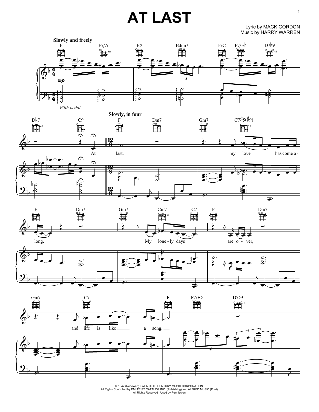 Download Etta James At Last Sheet Music and learn how to play Piano, Vocal & Guitar Chords (Right-Hand Melody) PDF digital score in minutes