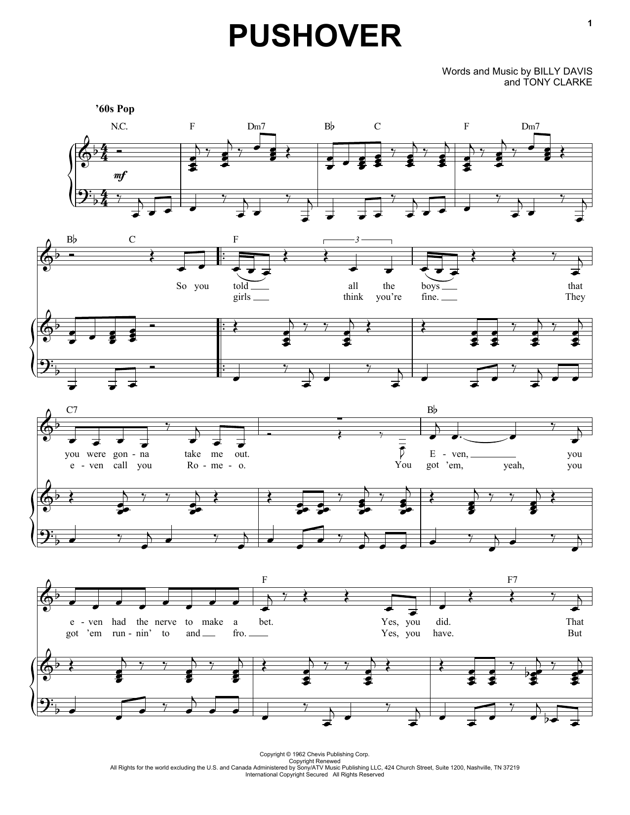 Download Etta James Pushover Sheet Music and learn how to play Piano & Vocal PDF digital score in minutes