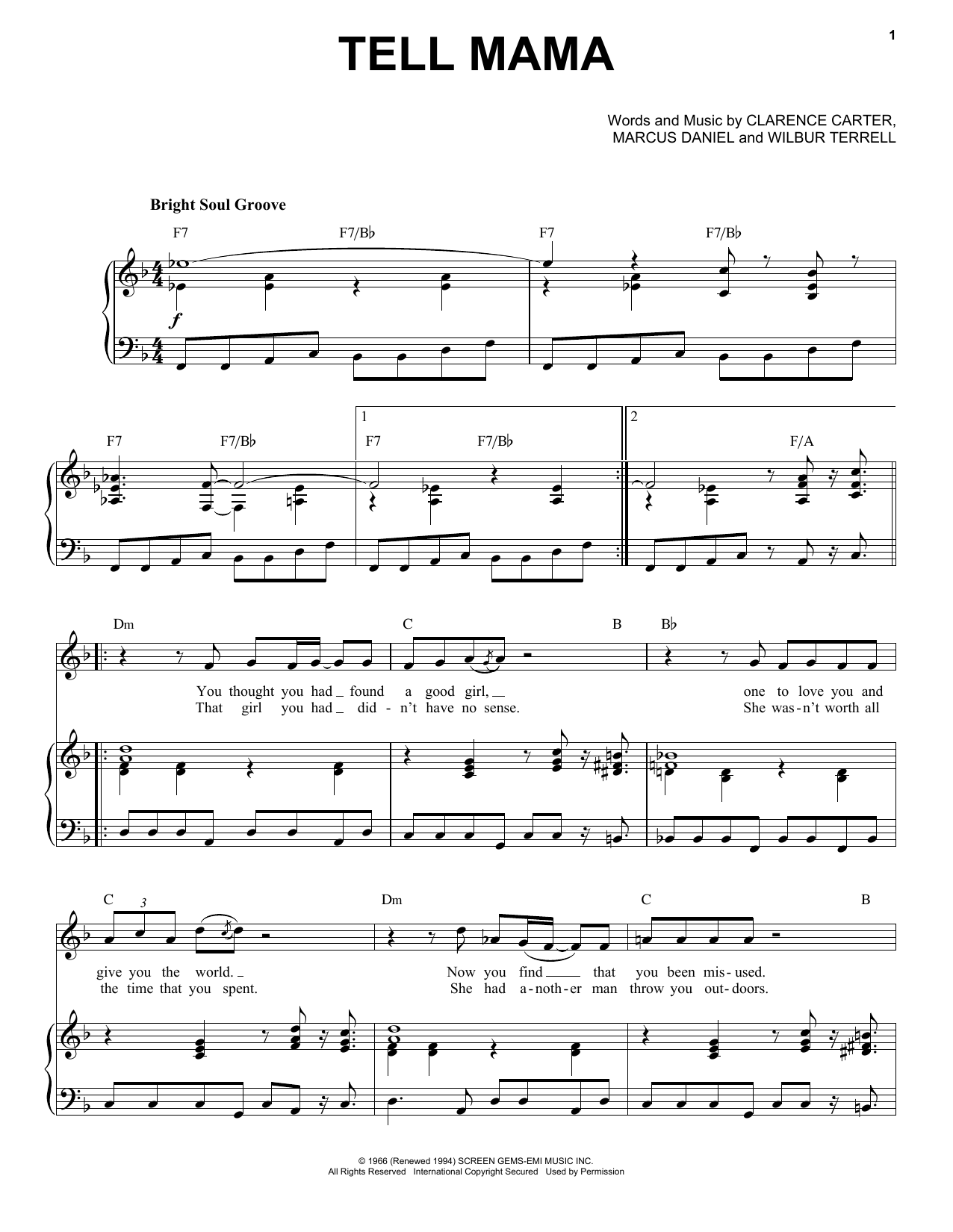 Download Etta James Tell Mama Sheet Music and learn how to play Piano & Vocal PDF digital score in minutes
