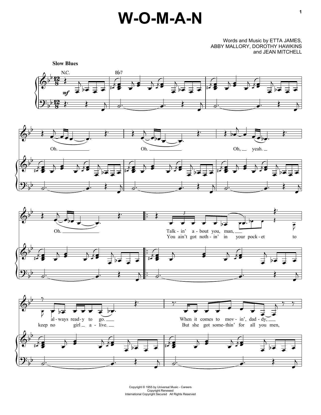 Download Etta James W-O-M-A-N Sheet Music and learn how to play Piano & Vocal PDF digital score in minutes