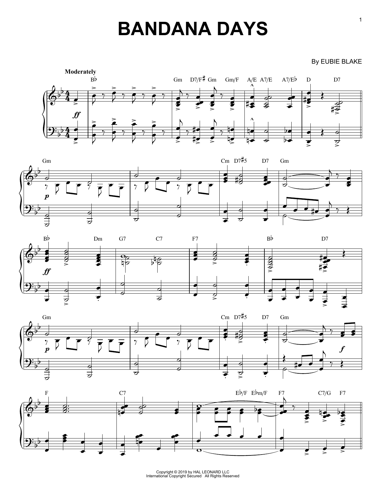 Download Eubie Blake Bandana Days [Jazz version] Sheet Music and learn how to play Piano Solo PDF digital score in minutes