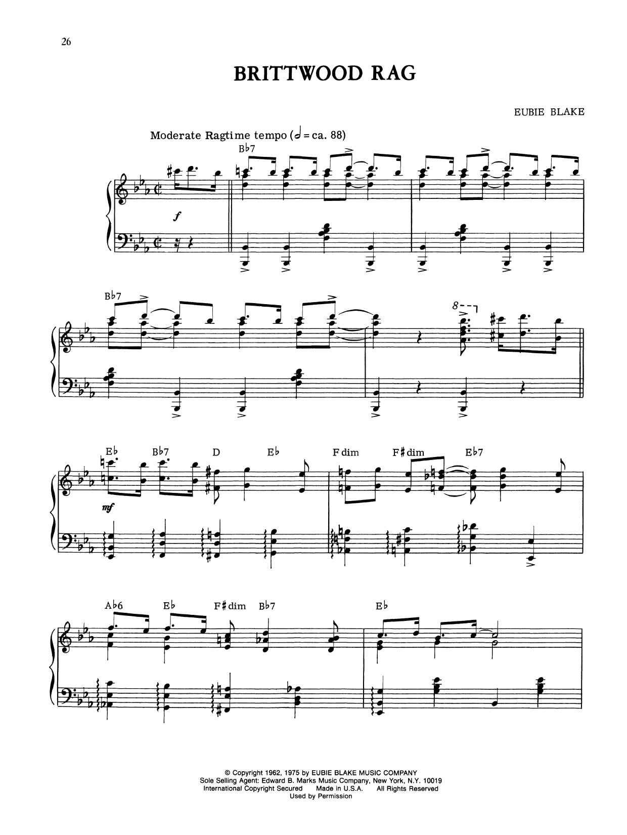 Download Eubie Blake Brittwood Rag Sheet Music and learn how to play Piano Solo PDF digital score in minutes