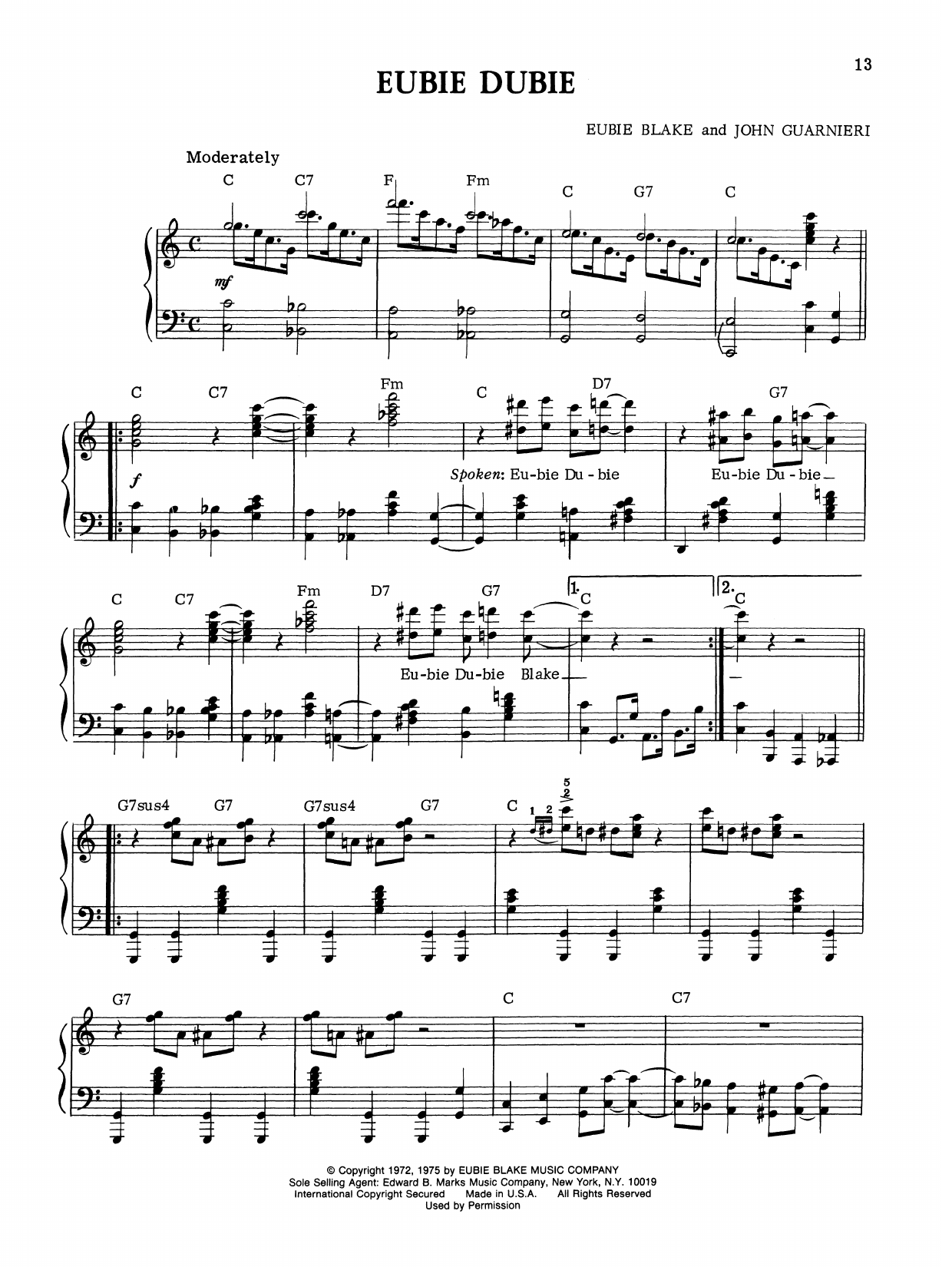 Download Eubie Blake Eubie Dubie Sheet Music and learn how to play Piano Solo PDF digital score in minutes