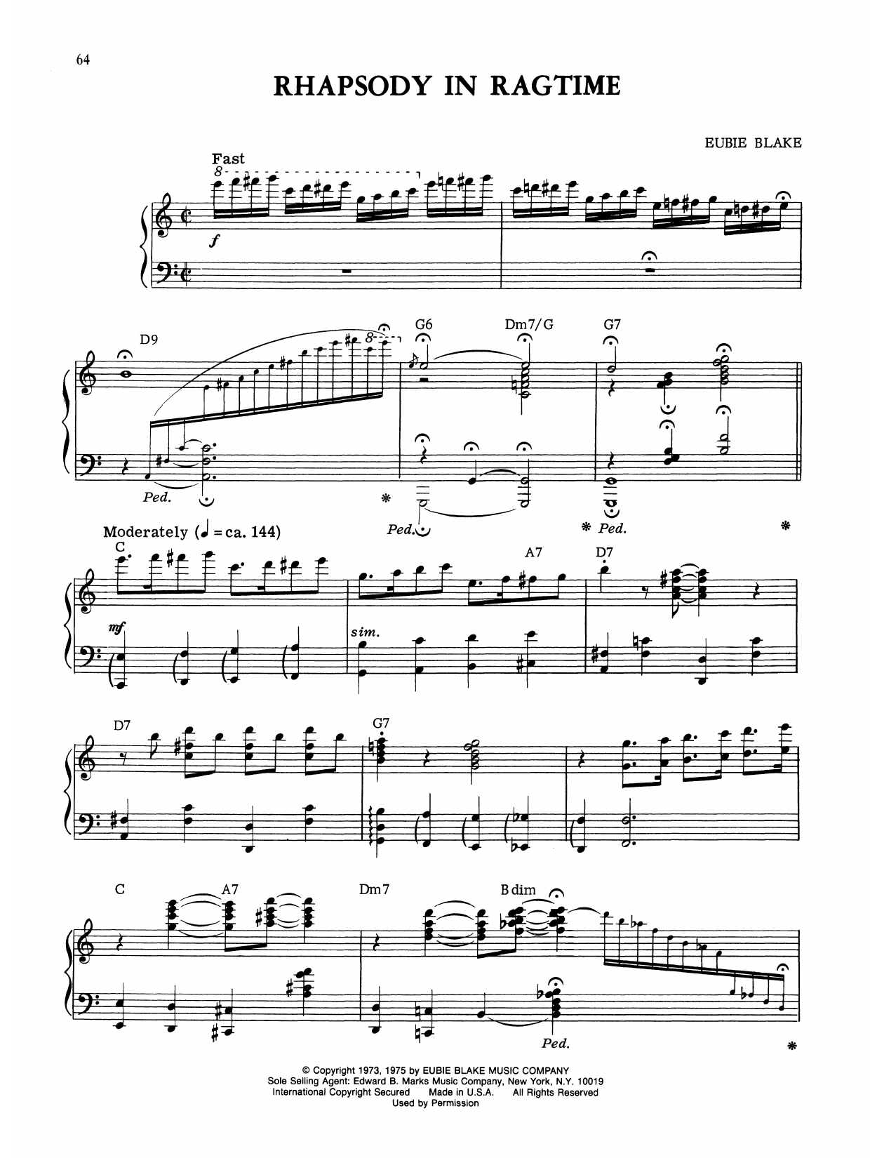 Download Eubie Blake Rhapsody In Ragtime Sheet Music and learn how to play Piano Solo PDF digital score in minutes