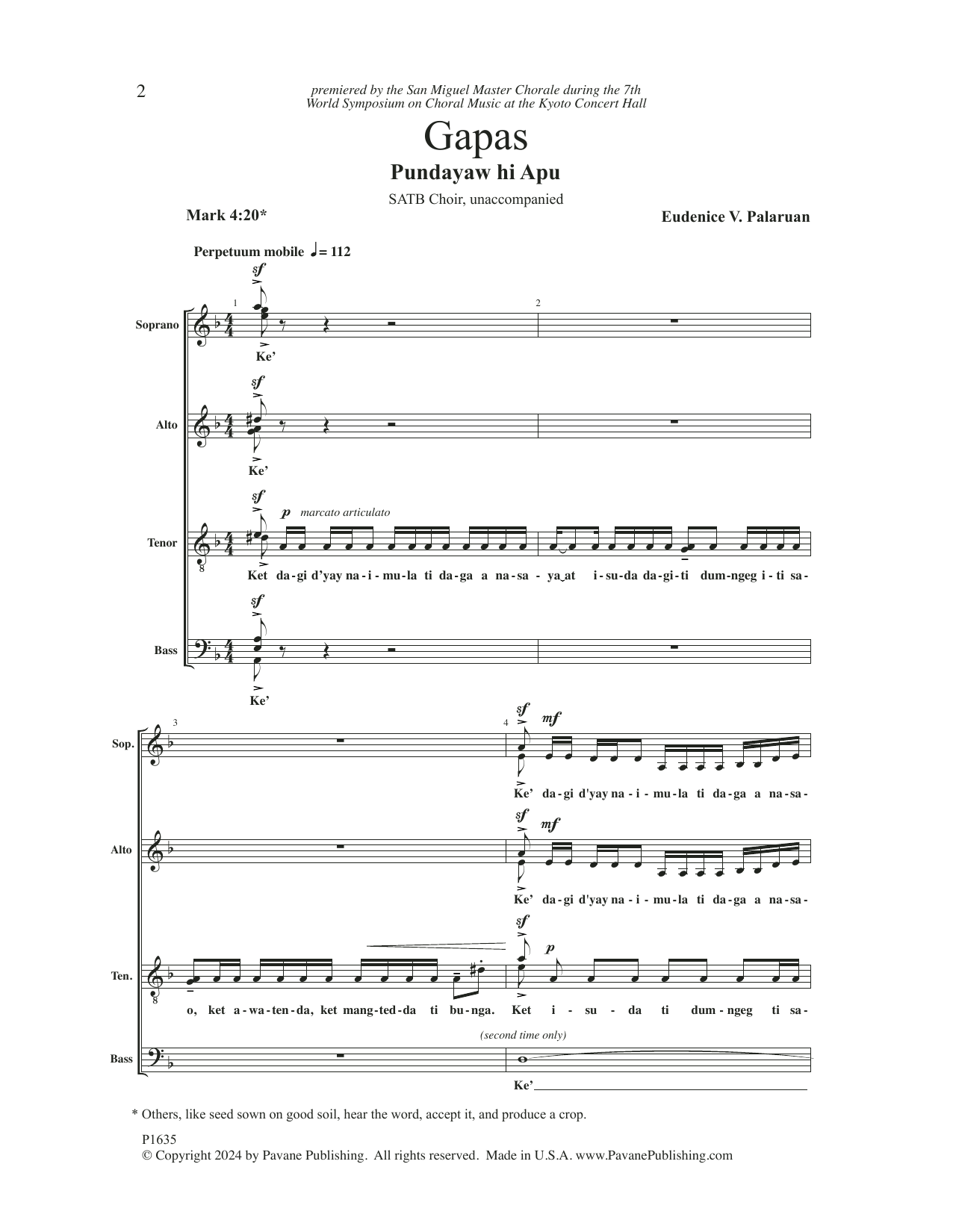 Download Eudenice V. Palaruan Gapas (Pundayaw hi Apu) Sheet Music and learn how to play SATB Choir PDF digital score in minutes