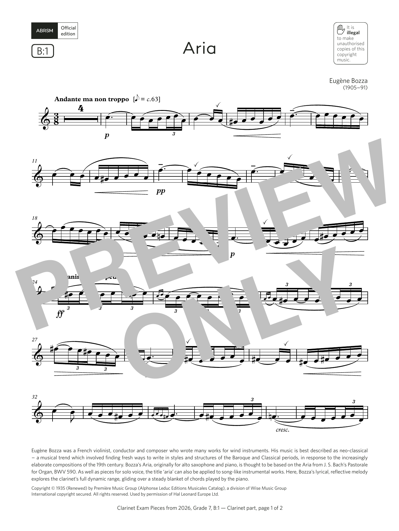Download Eugène Bozza Aria (Grade 7, list B1, from the ABRSM Clarinet Syllabus from 2026) Sheet Music and learn how to play Clarinet Solo PDF digital score in minutes
