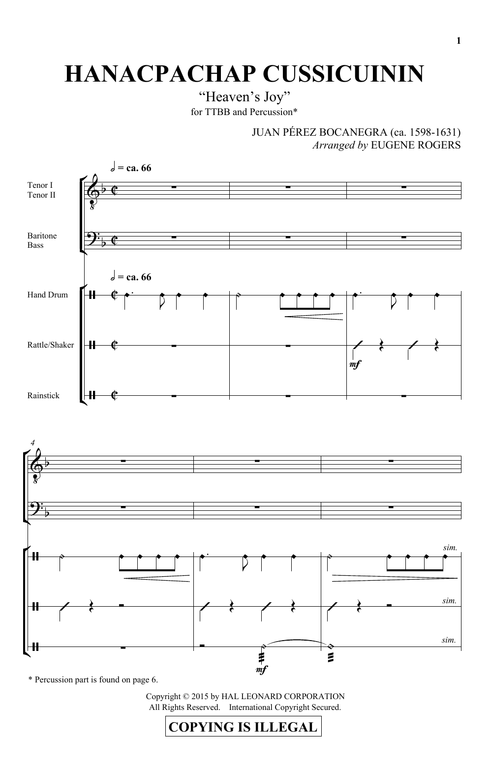 Download E Rogers Hanacpachap Cussicuinin Sheet Music and learn how to play Percussion PDF digital score in minutes