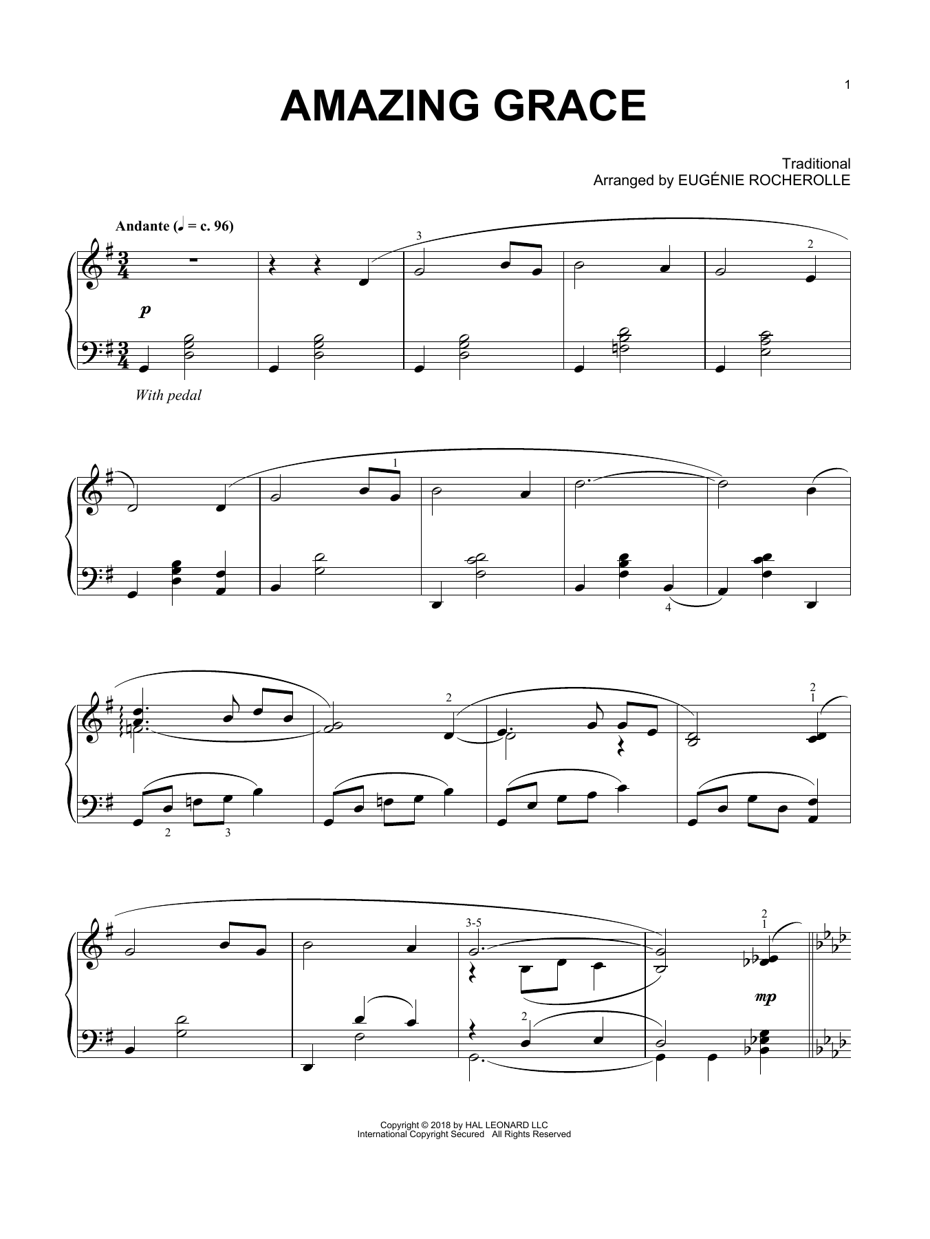Download Eugénie Rocherolle Amazing Grace (arr. Eugénie Rocherolle) Sheet Music and learn how to play Piano Solo PDF digital score in minutes