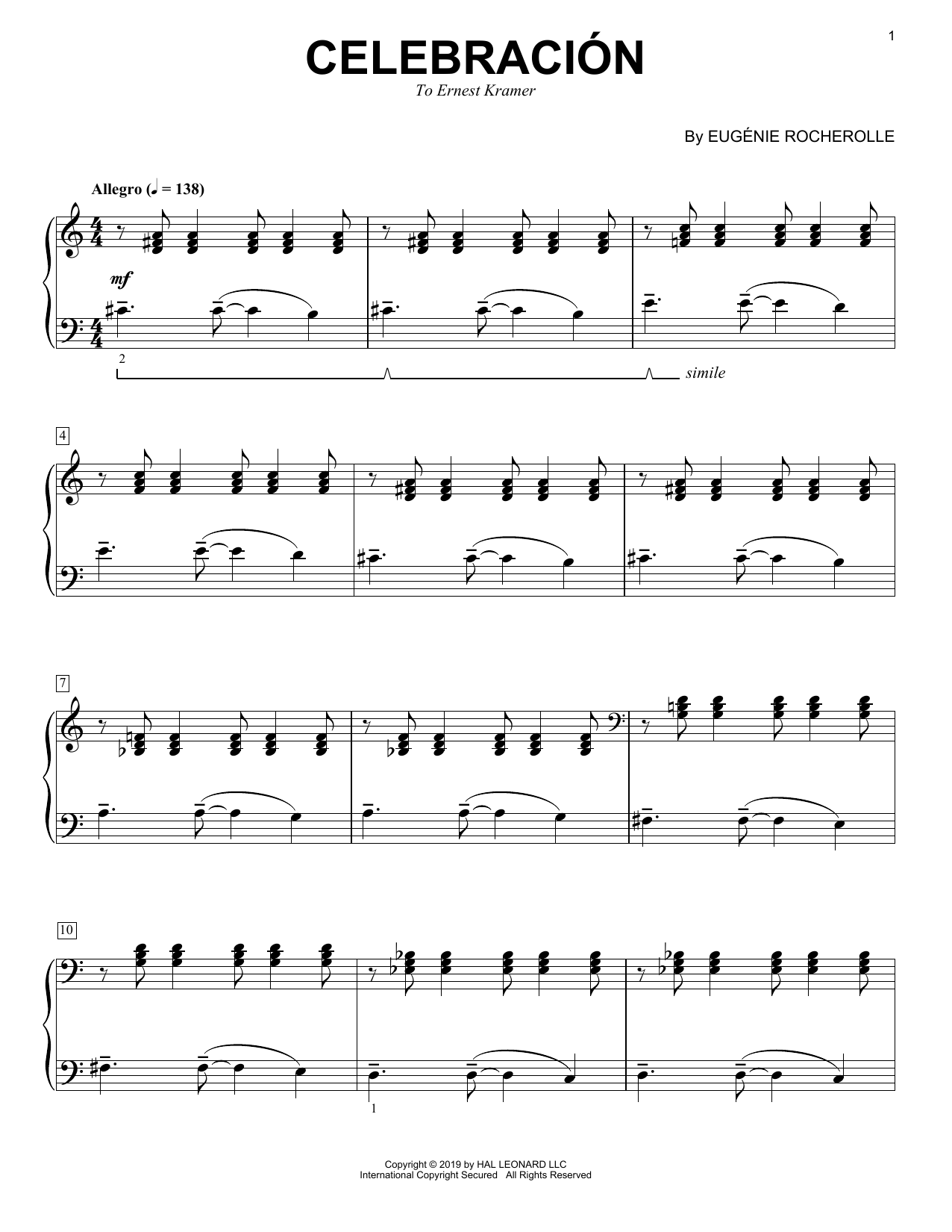 Download Eugénie Rocherolle Celebracion Sheet Music and learn how to play Piano Solo PDF digital score in minutes