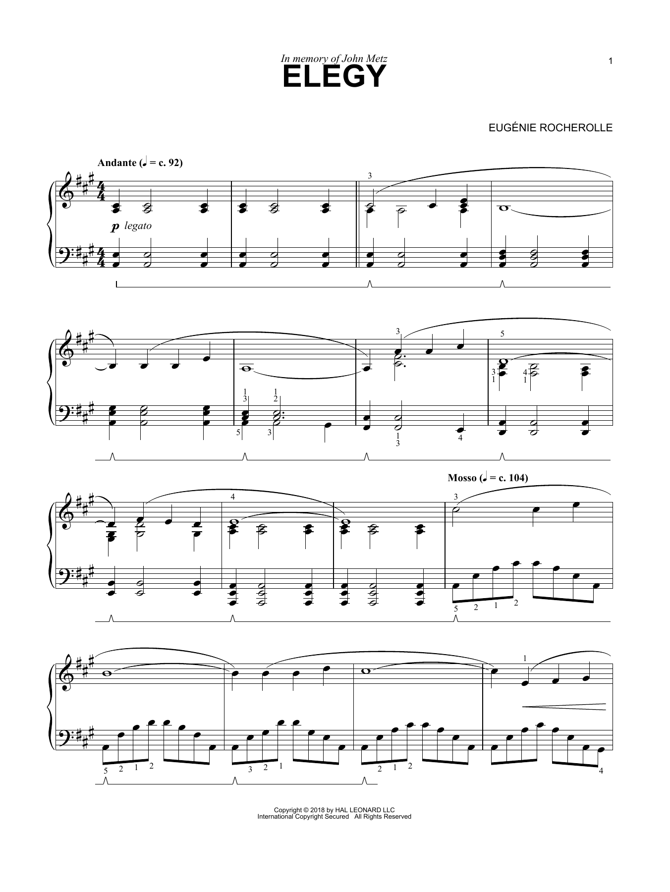 Download Eugénie Rocherolle Elegy Sheet Music and learn how to play Piano Solo PDF digital score in minutes