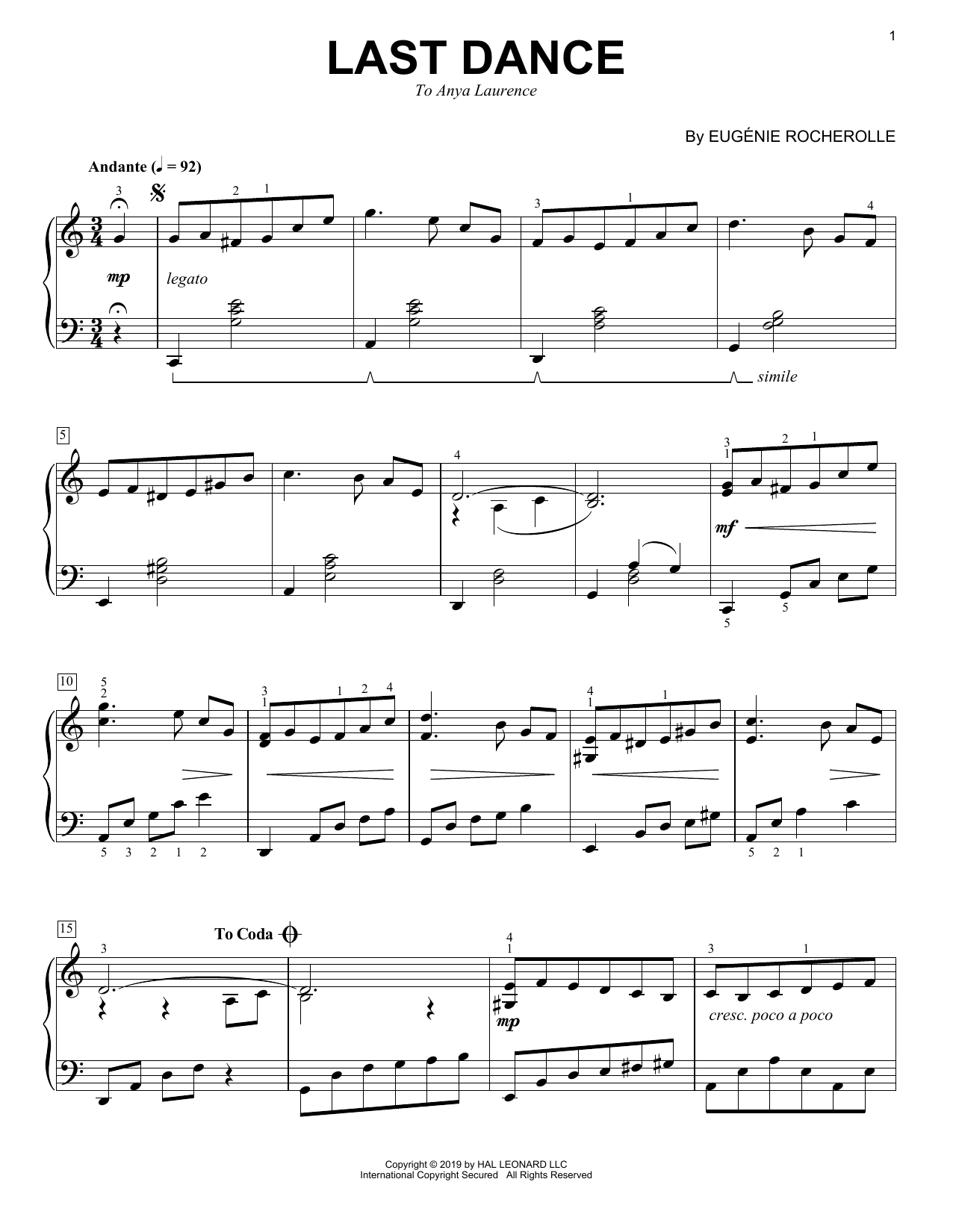 Download Eugénie Rocherolle Last Dance Sheet Music and learn how to play Piano Solo PDF digital score in minutes