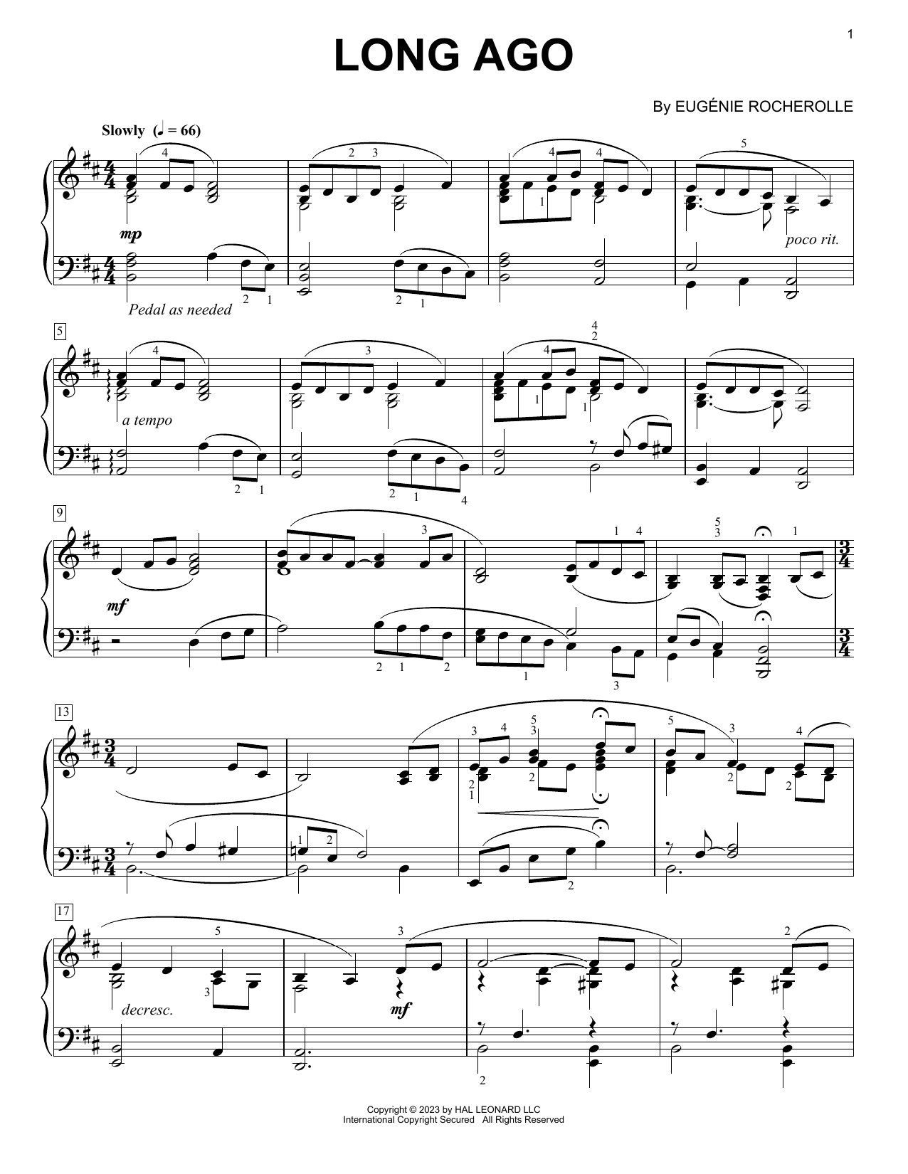 Download Eugénie Rocherolle Long Ago Sheet Music and learn how to play Piano Solo PDF digital score in minutes