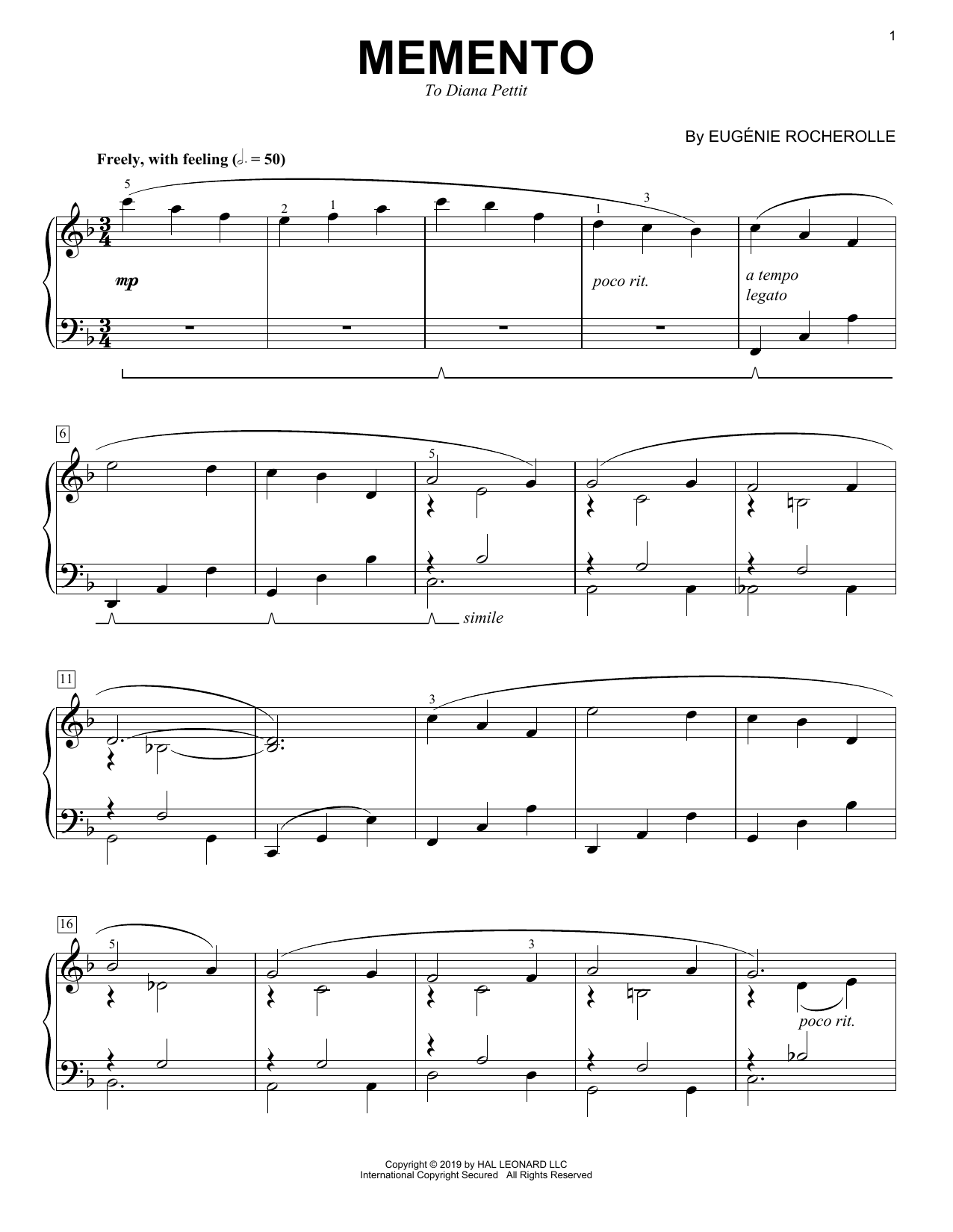 Download Eugénie Rocherolle Memento Sheet Music and learn how to play Piano Solo PDF digital score in minutes